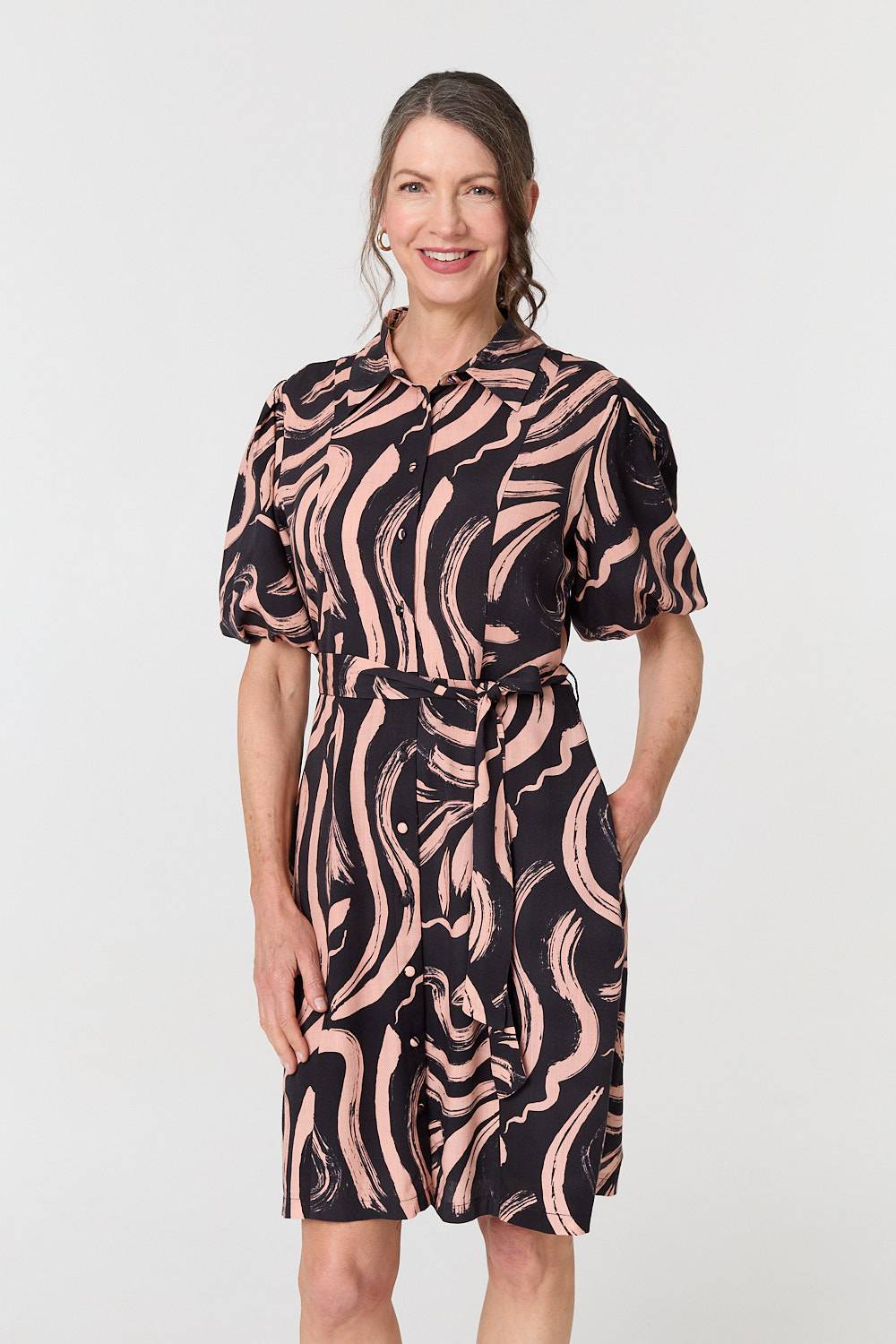 Brushstroke Print Short Shirt Dress Detail View