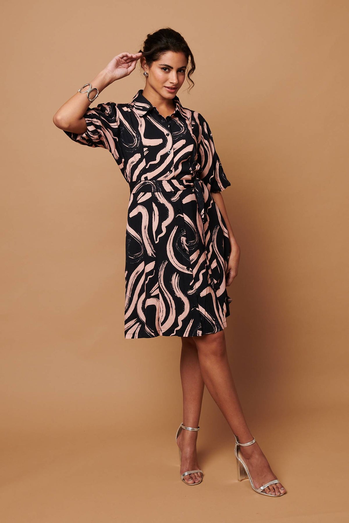 Brushstroke Print Short Shirt Dress Front View