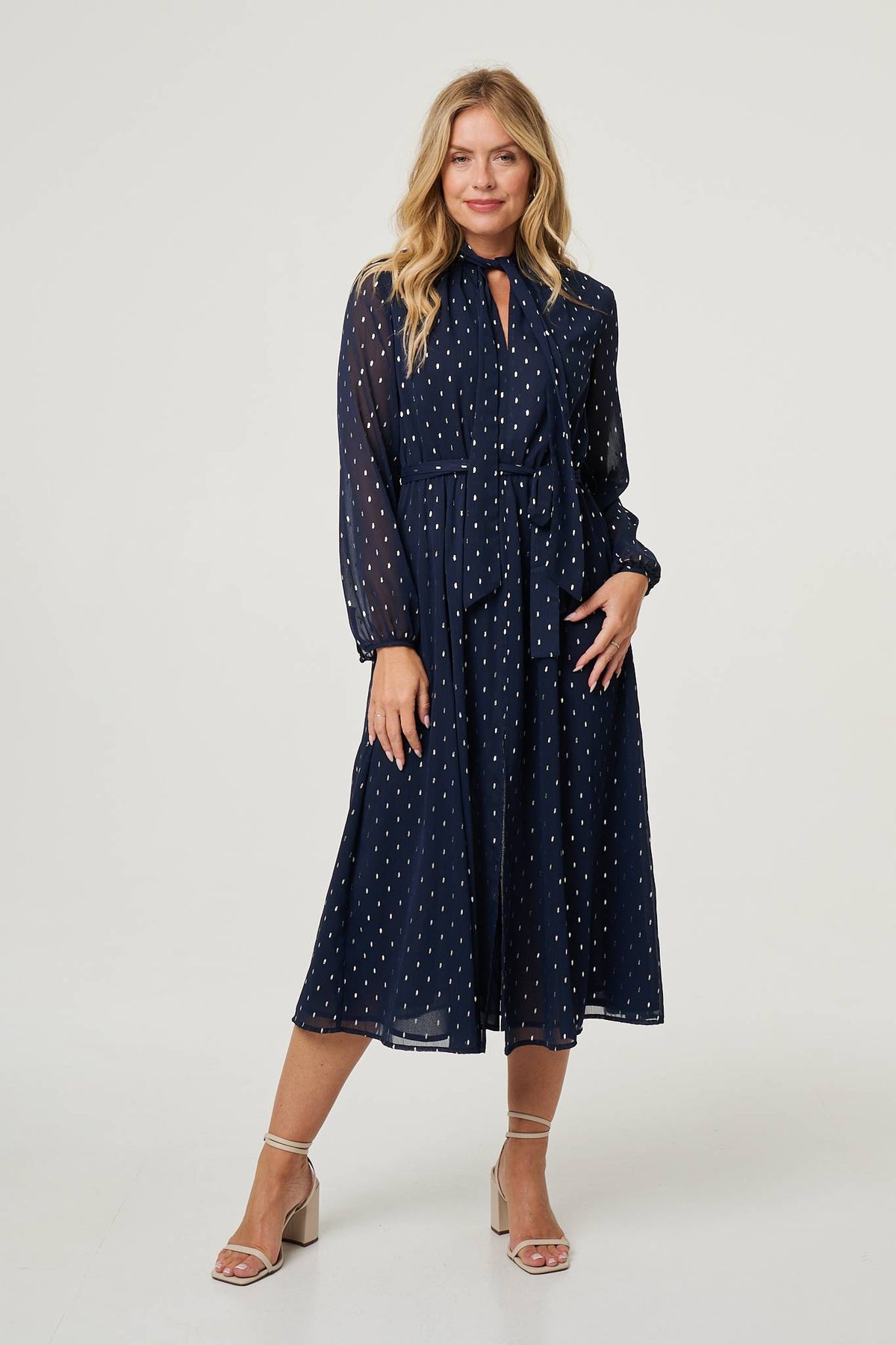 Polka Dot Print Long Sleeve Midi Dress Front View