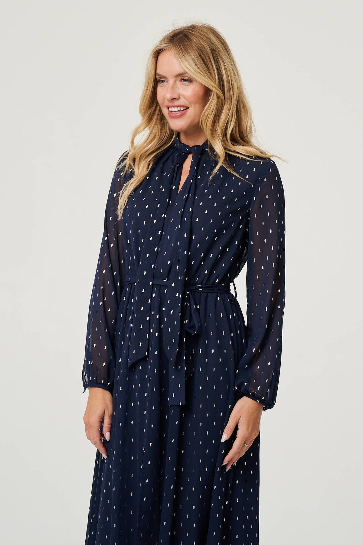 Polka Dot Print Long Sleeve Midi Dress Full Length View