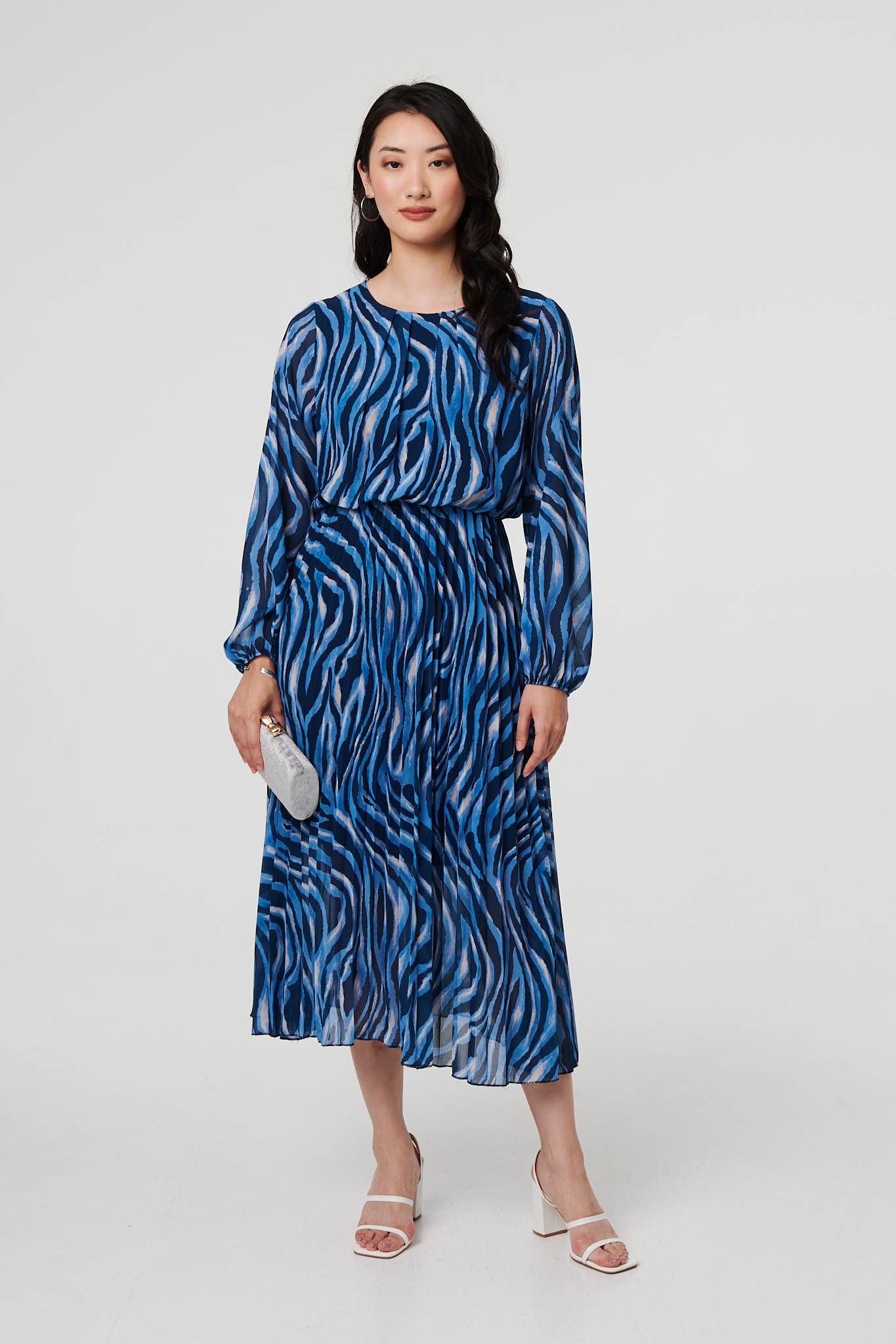 Animal Print Layered Pleated Midi Dress Full Length View