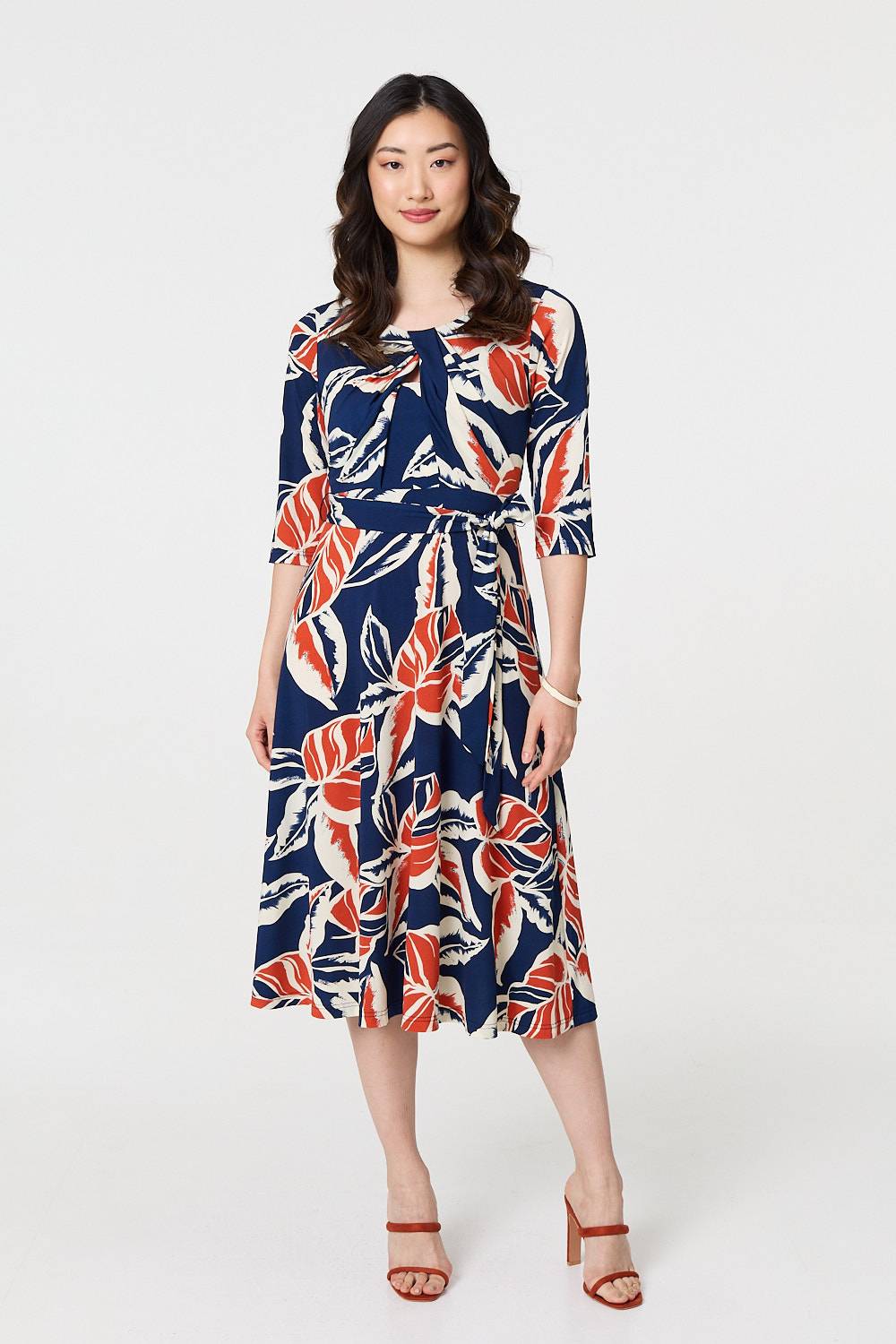 Floral Ruched 3/4 Sleeve Midi Dress Front View 2