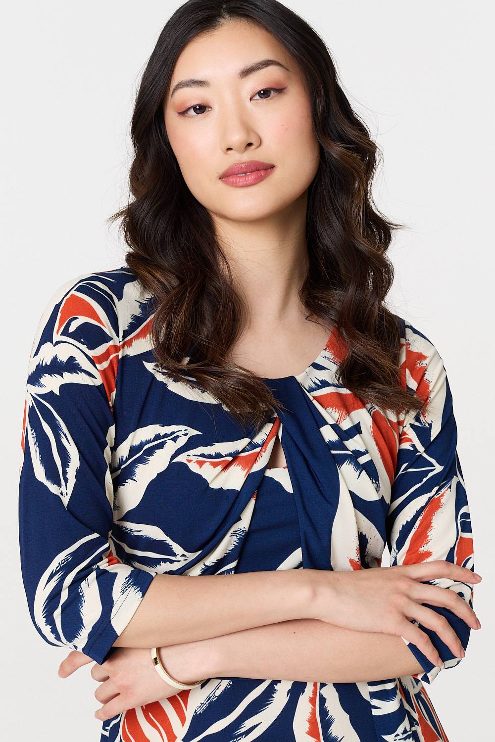 Floral Ruched 3/4 Sleeve Midi Dress Styled View