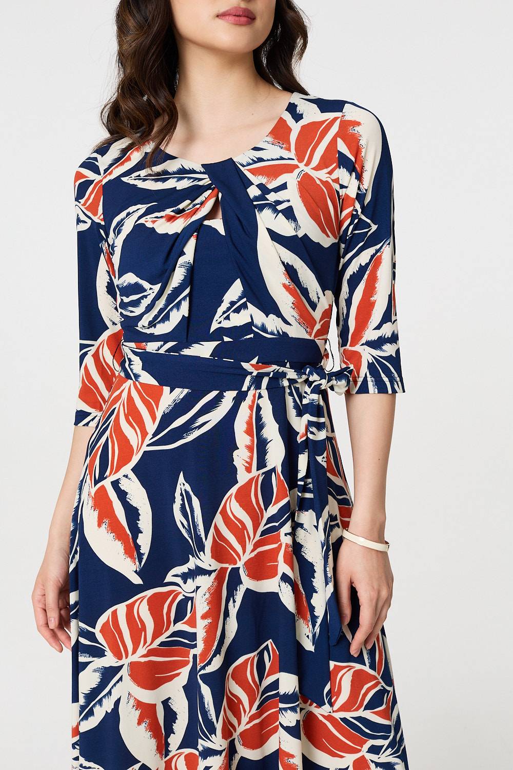 Floral Ruched 3/4 Sleeve Midi Dress Detail View
