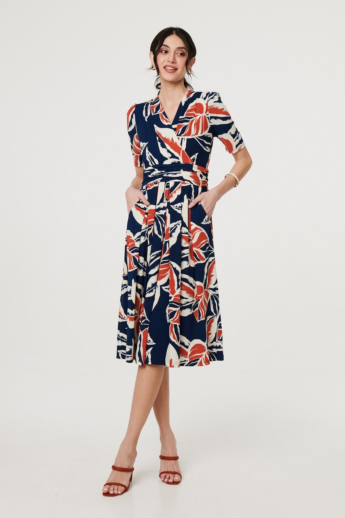 Floral V-Neck Pleated Midi Wrap Dress Detail View