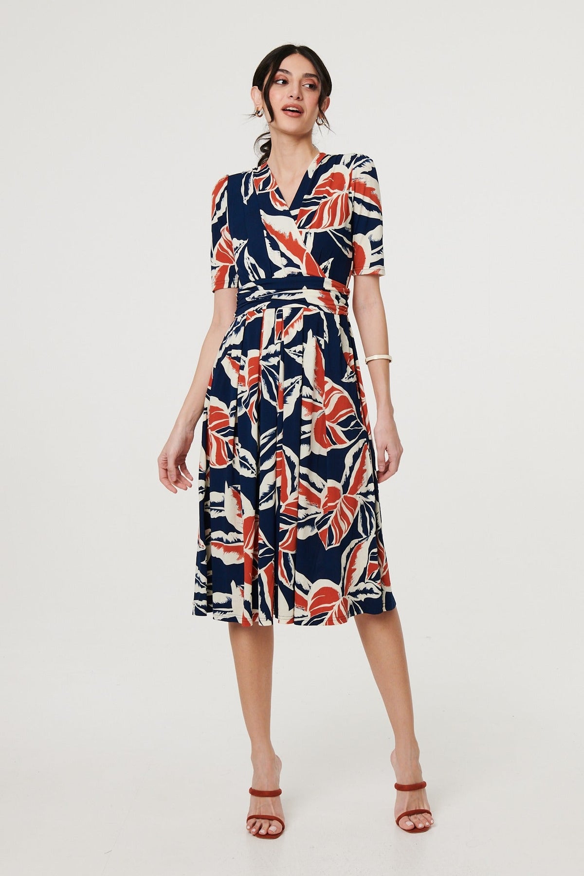 Floral V-Neck Pleated Midi Wrap Dress Front View