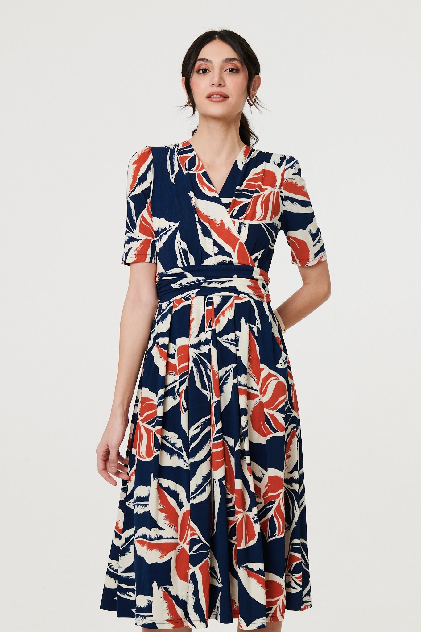 Floral V-Neck Pleated Midi Wrap Dress Side View