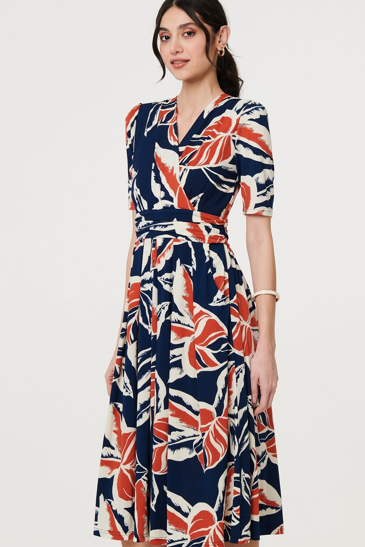 Floral V-Neck Pleated Midi Wrap Dress Full Length View