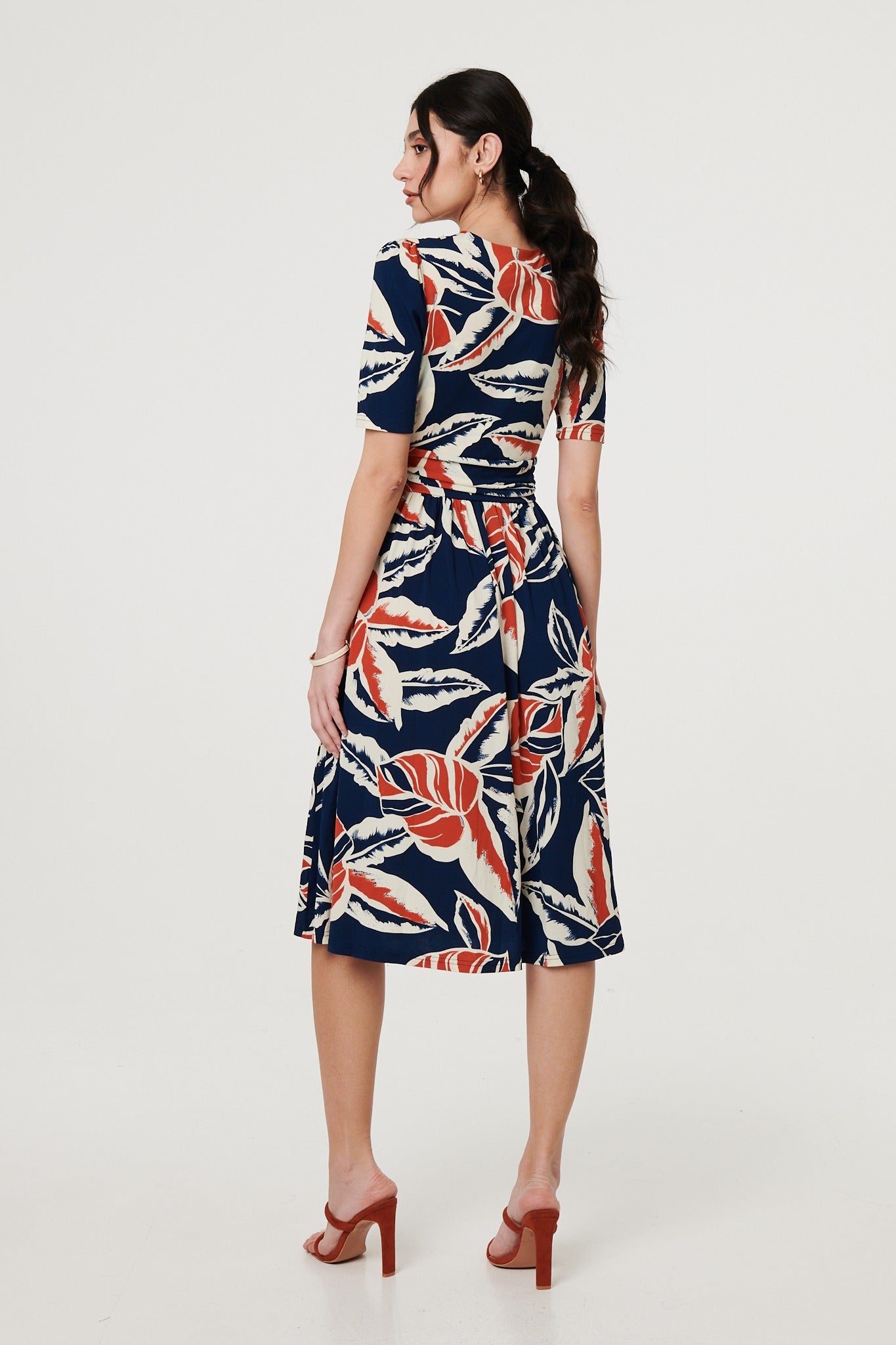 Floral V-Neck Pleated Midi Wrap Dress Back View