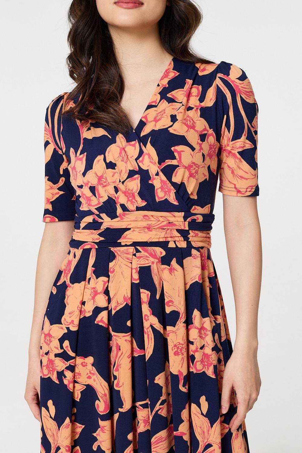Floral 1/2 Sleeve Faux Wrap Midi Dress Side View