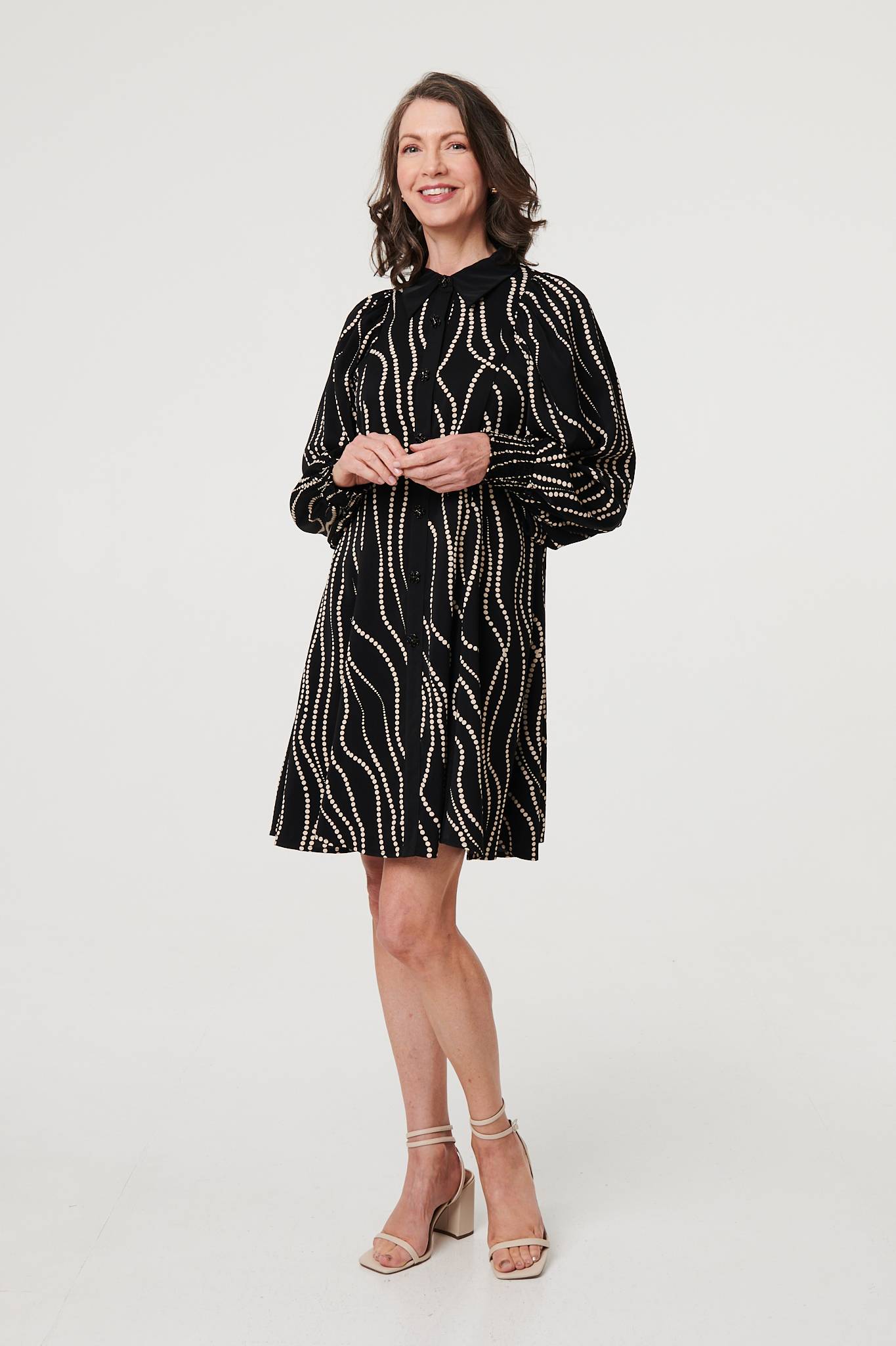 Printed Long Sleeve Shirt Short Dress Front View