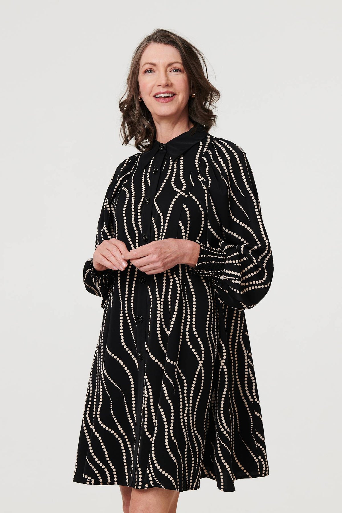 Printed Long Sleeve Shirt Short Dress Styled View