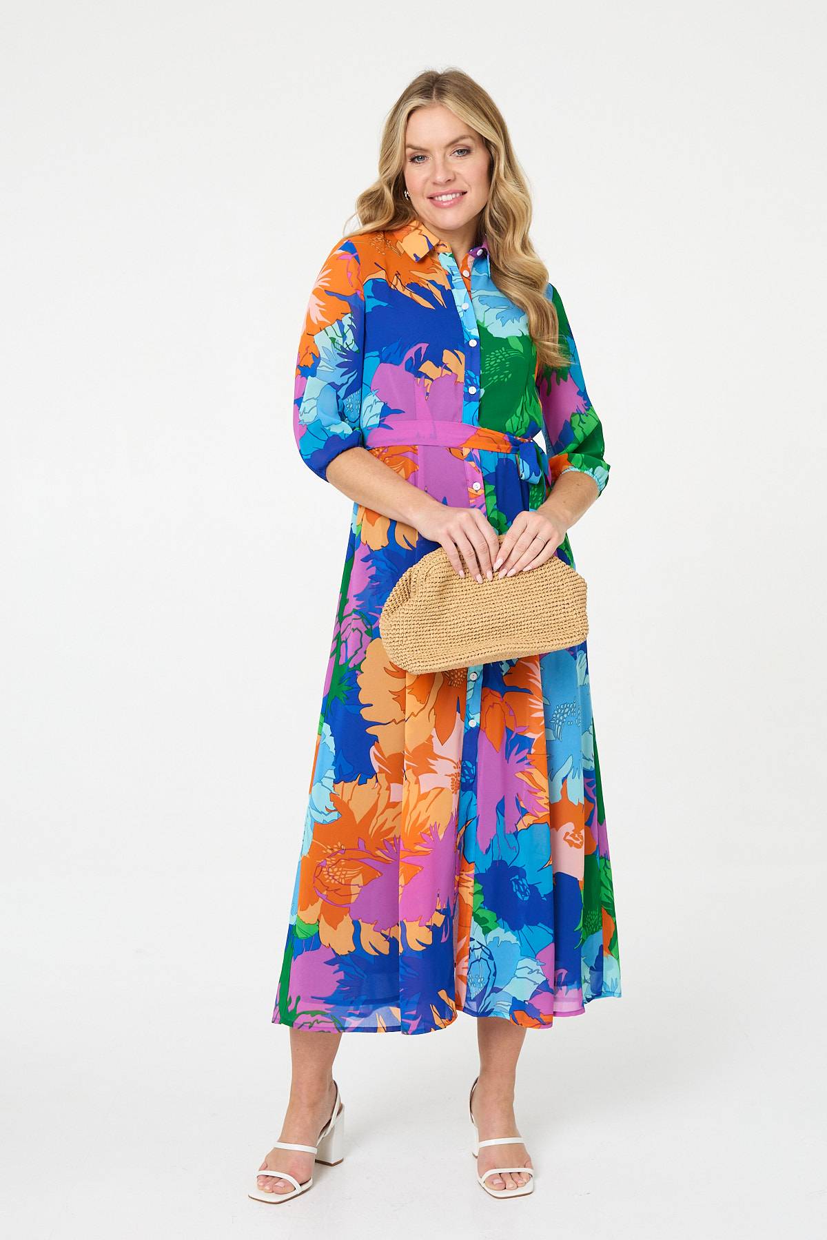 Abstract Floral 3/4 Sleeve Maxi Dress Front View