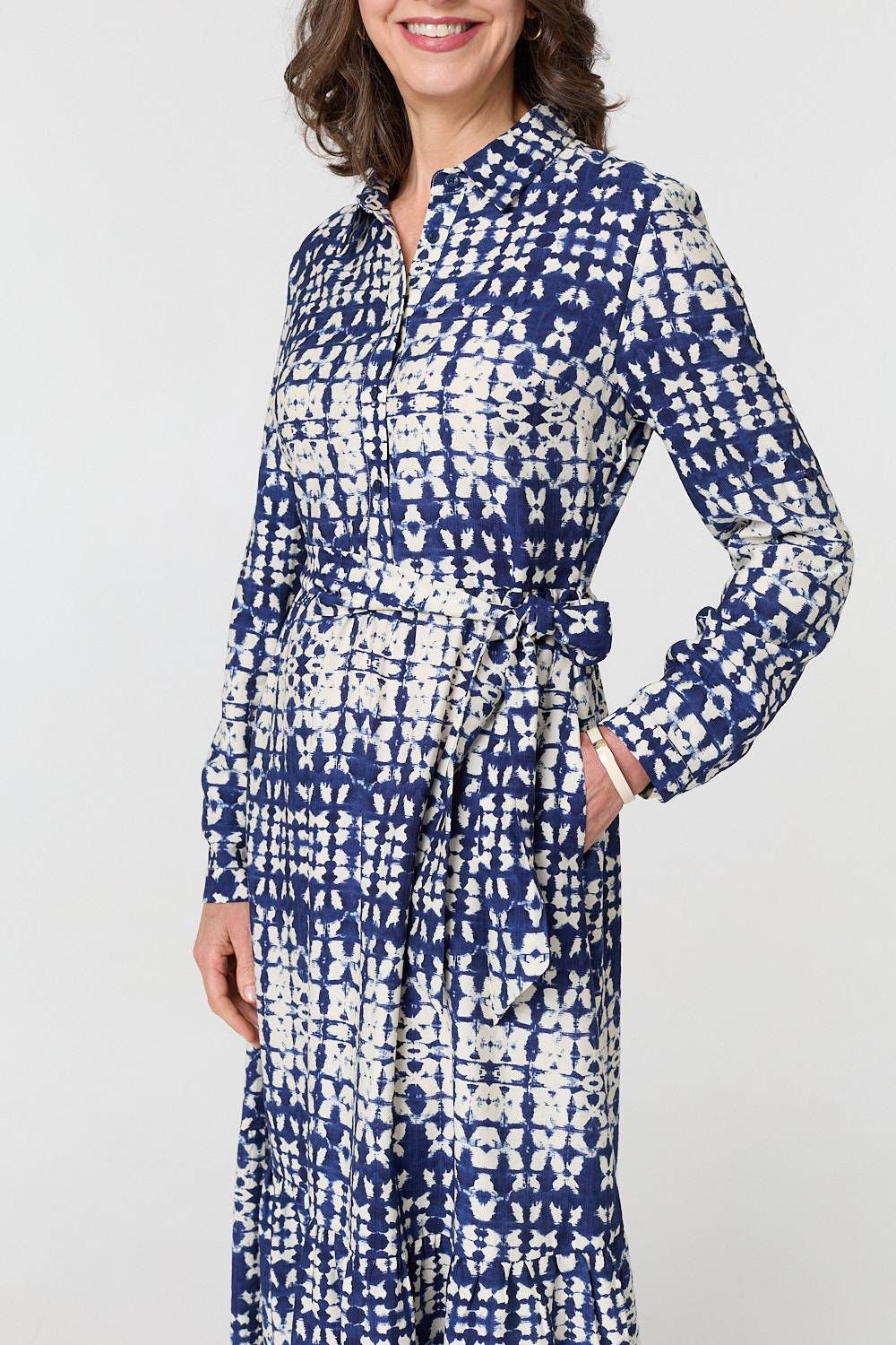 Printed Tie Front Midi Shirt Dress Front View 2