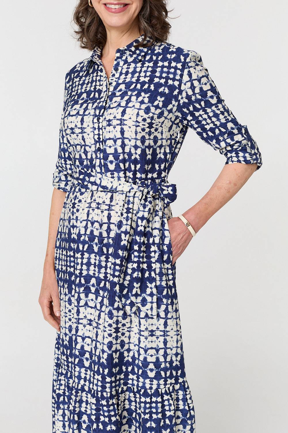 Printed Tie Front Midi Shirt Dress Styled View