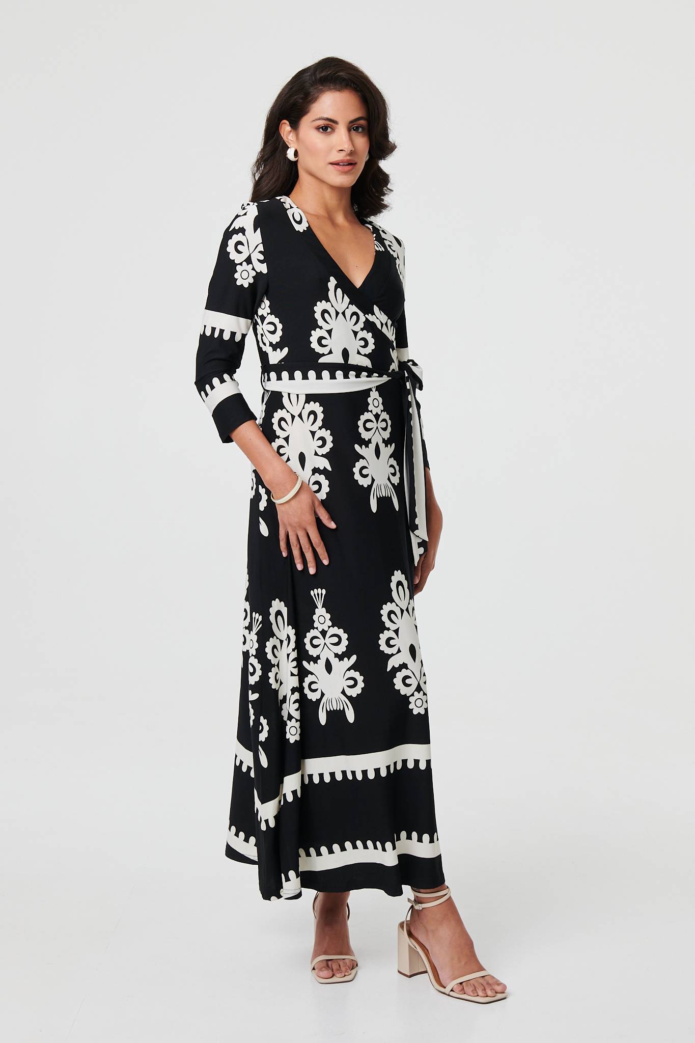 Ikat Print 3/4 Sleeve Wrap Maxi Dress Side View