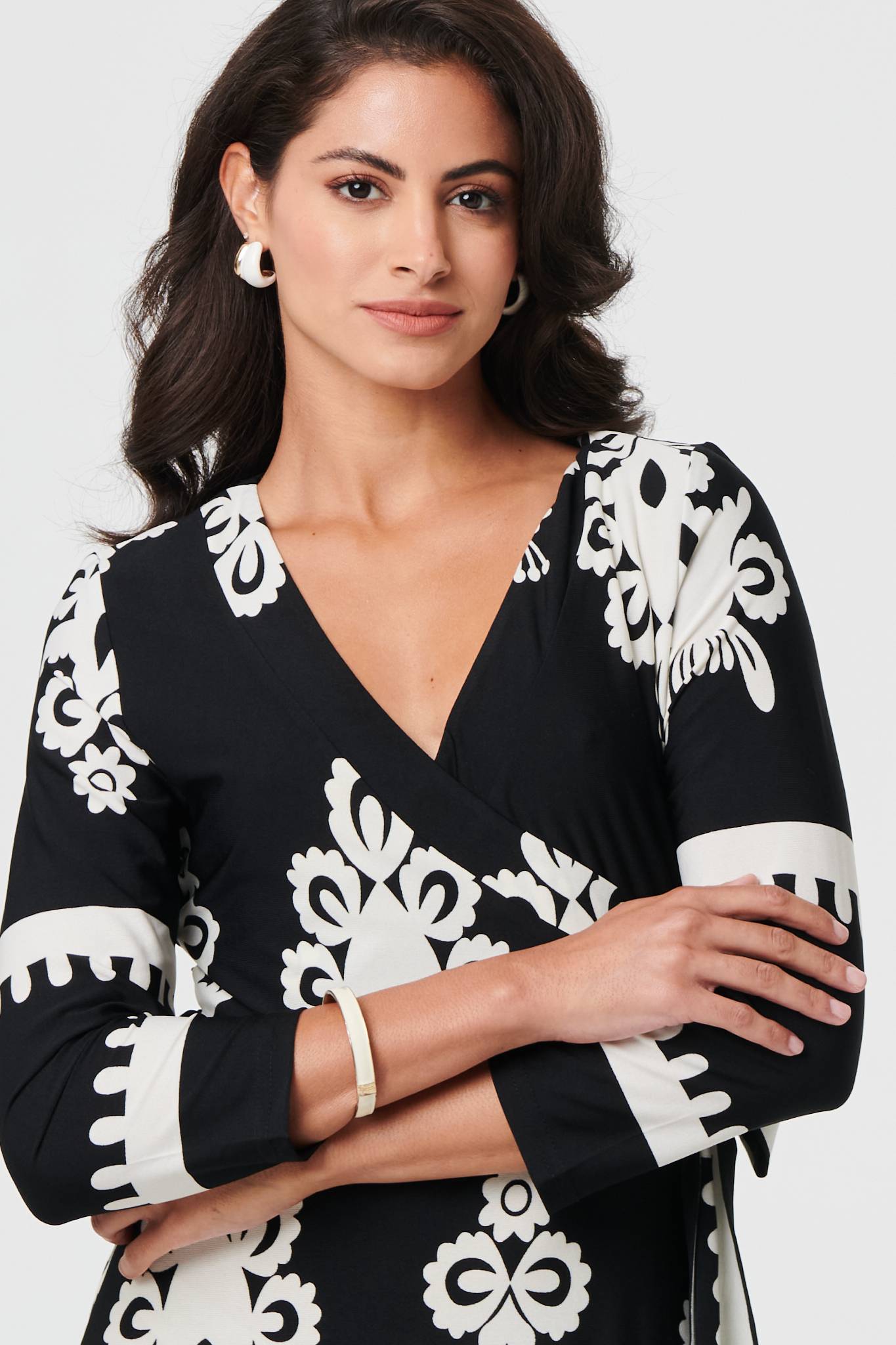 Ikat Print 3/4 Sleeve Wrap Maxi Dress Styled View