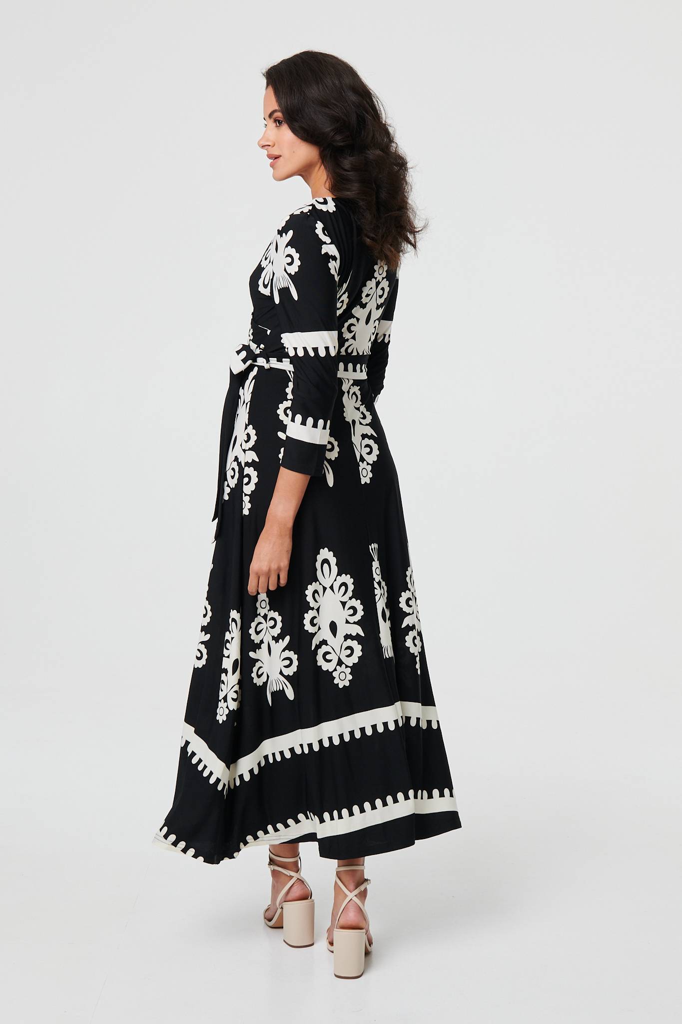 Ikat Print 3/4 Sleeve Wrap Maxi Dress Back View
