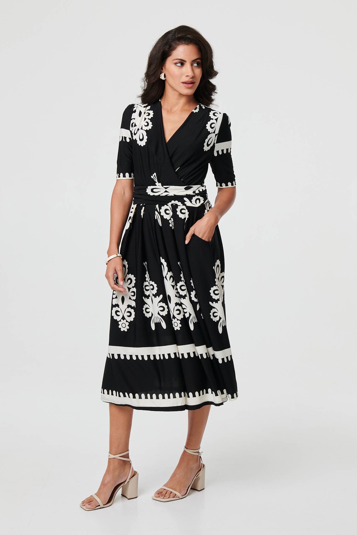 Ikat Print 1/2 Sleeve Wrap Midi Dress Front View