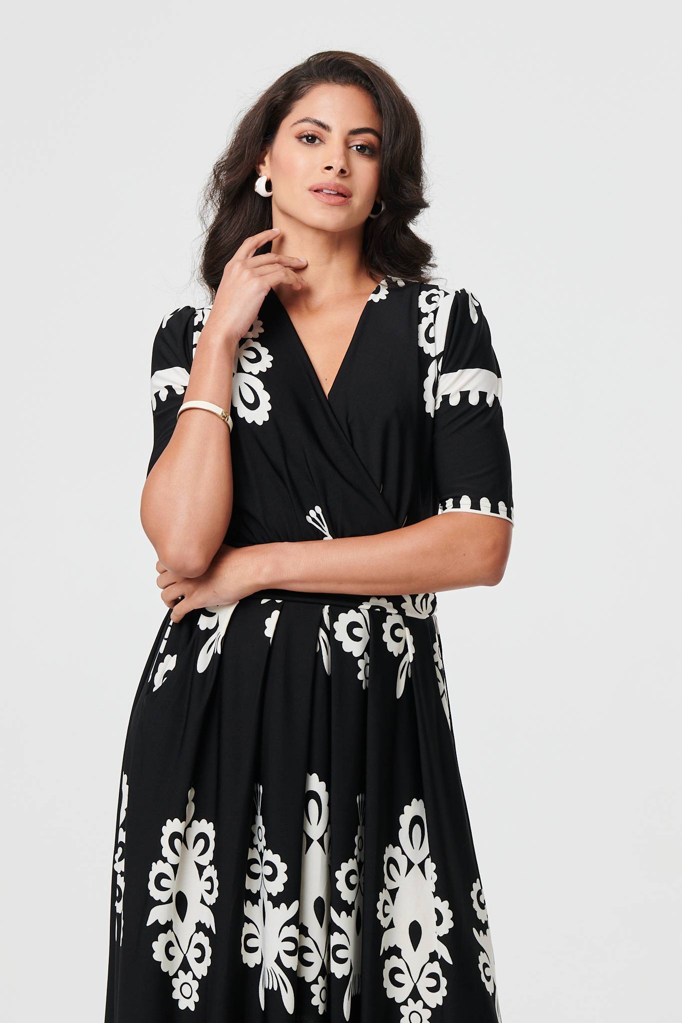 Ikat Print 1/2 Sleeve Wrap Midi Dress Styled View