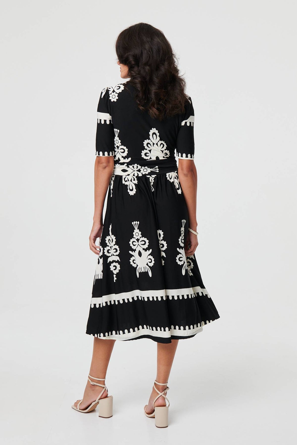 Ikat Print 1/2 Sleeve Wrap Midi Dress Back View