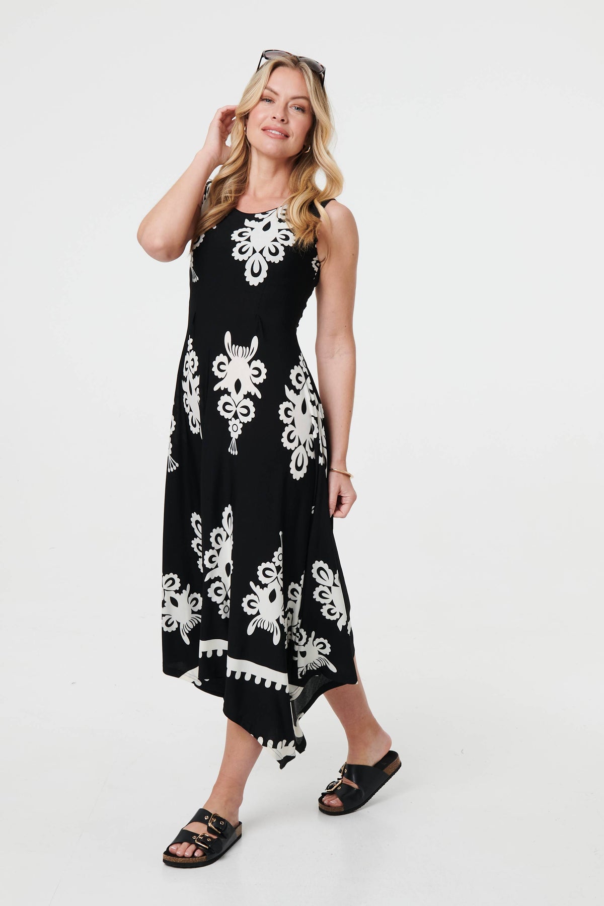 Ikat Print Sleeveless A-Line Midi Dress Styled View