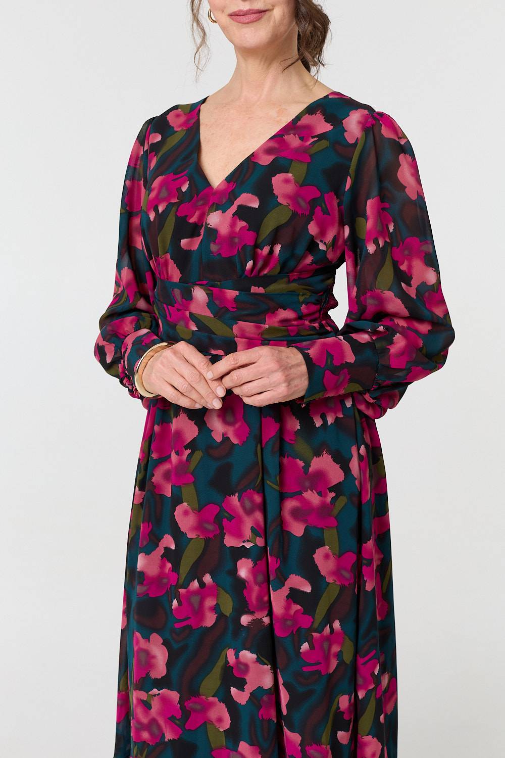 Floral Ruched Long Sleeve Maxi Dress Styled View