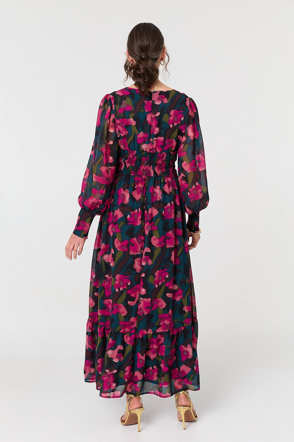 Floral Ruched Long Sleeve Maxi Dress Detail View
