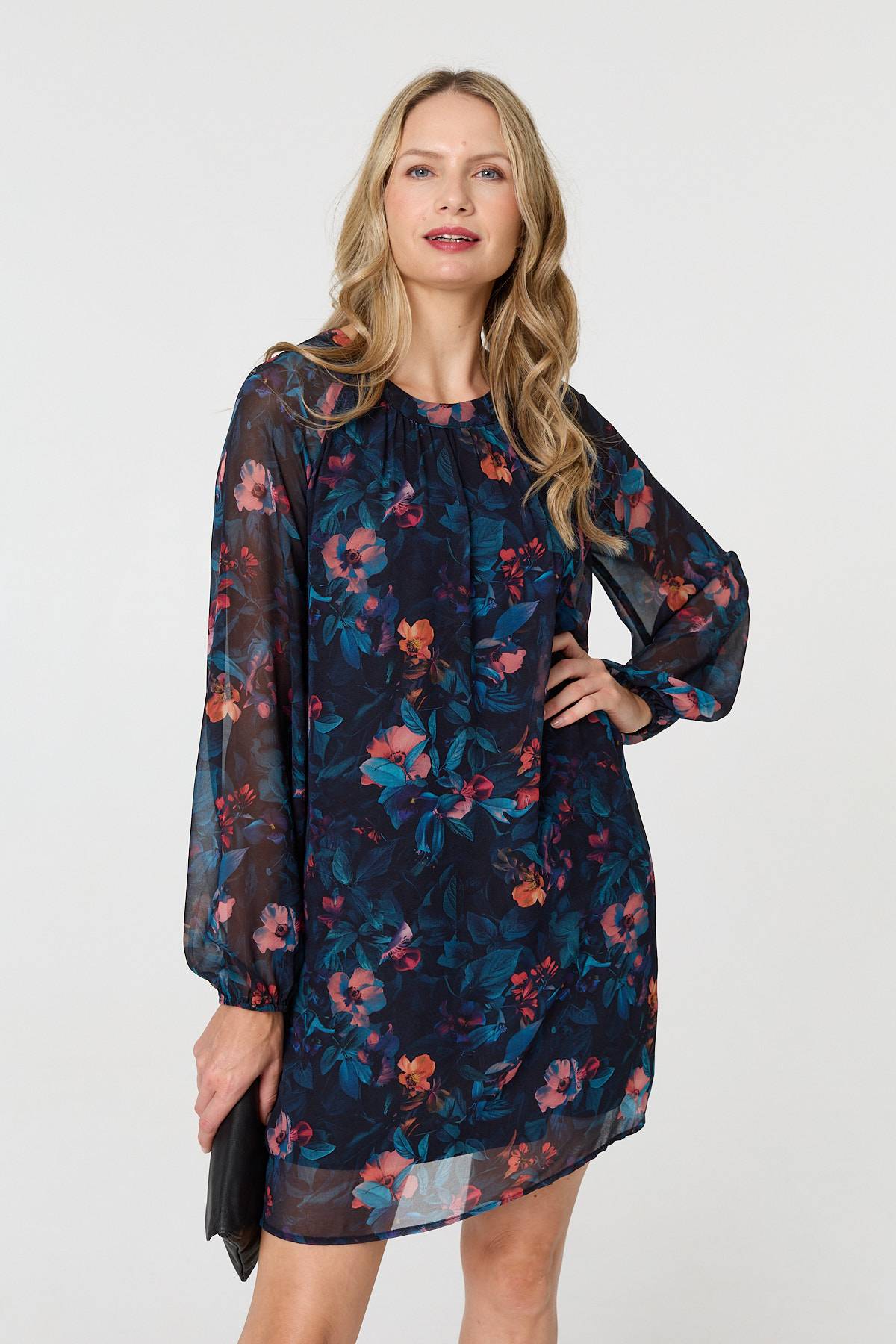 Floral Layered Long Sleeve Short Dress Front View