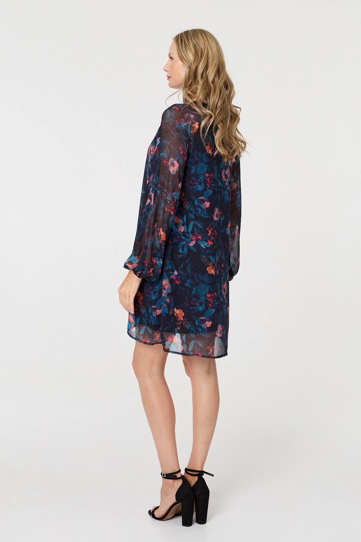 Floral Layered Long Sleeve Short Dress Side View