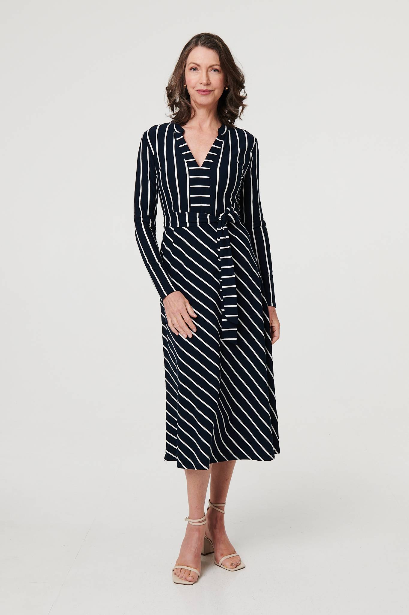 Striped Tie Waist Long Sleeve Midi Dress Front View