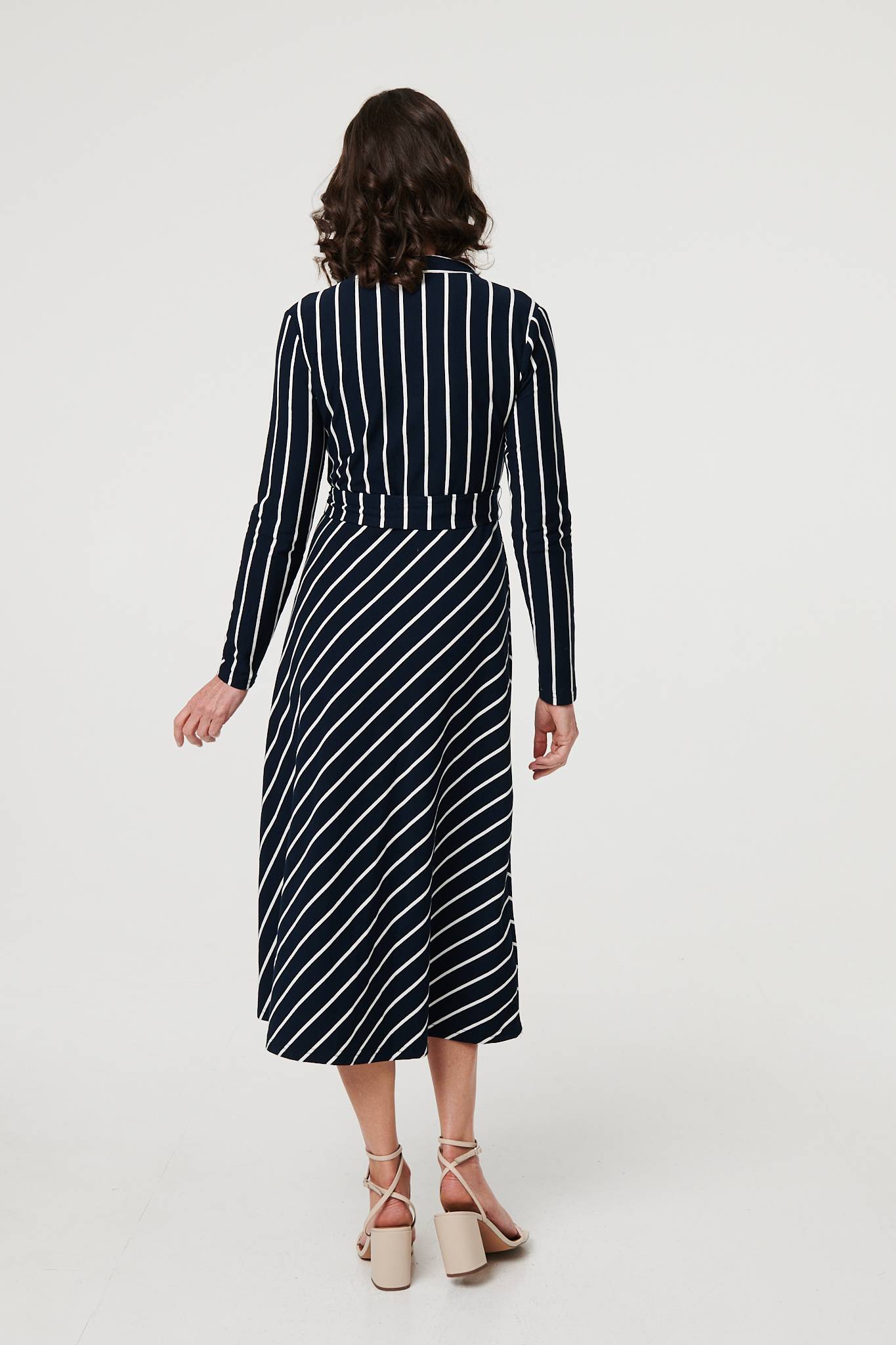 Striped Tie Waist Long Sleeve Midi Dress Side View
