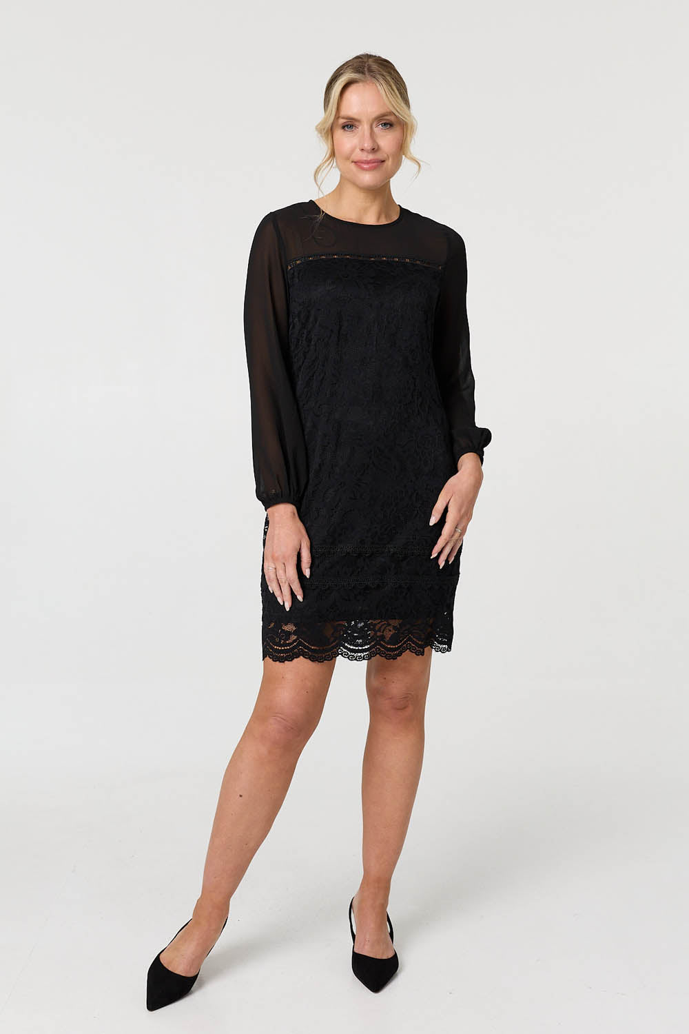 Semi Sheer Lace Trim Short Dress Front View