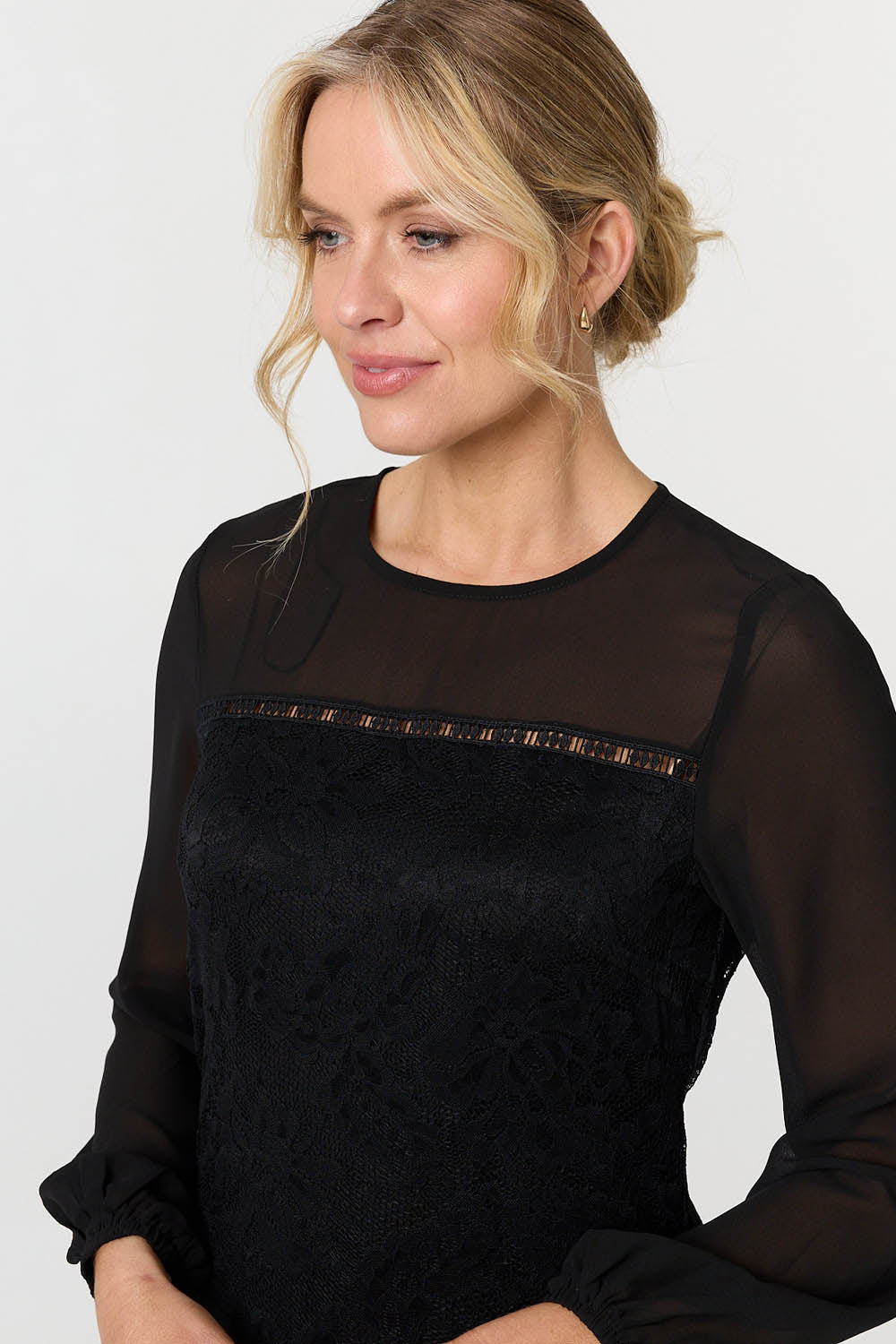 Semi Sheer Lace Trim Short Dress Detail View