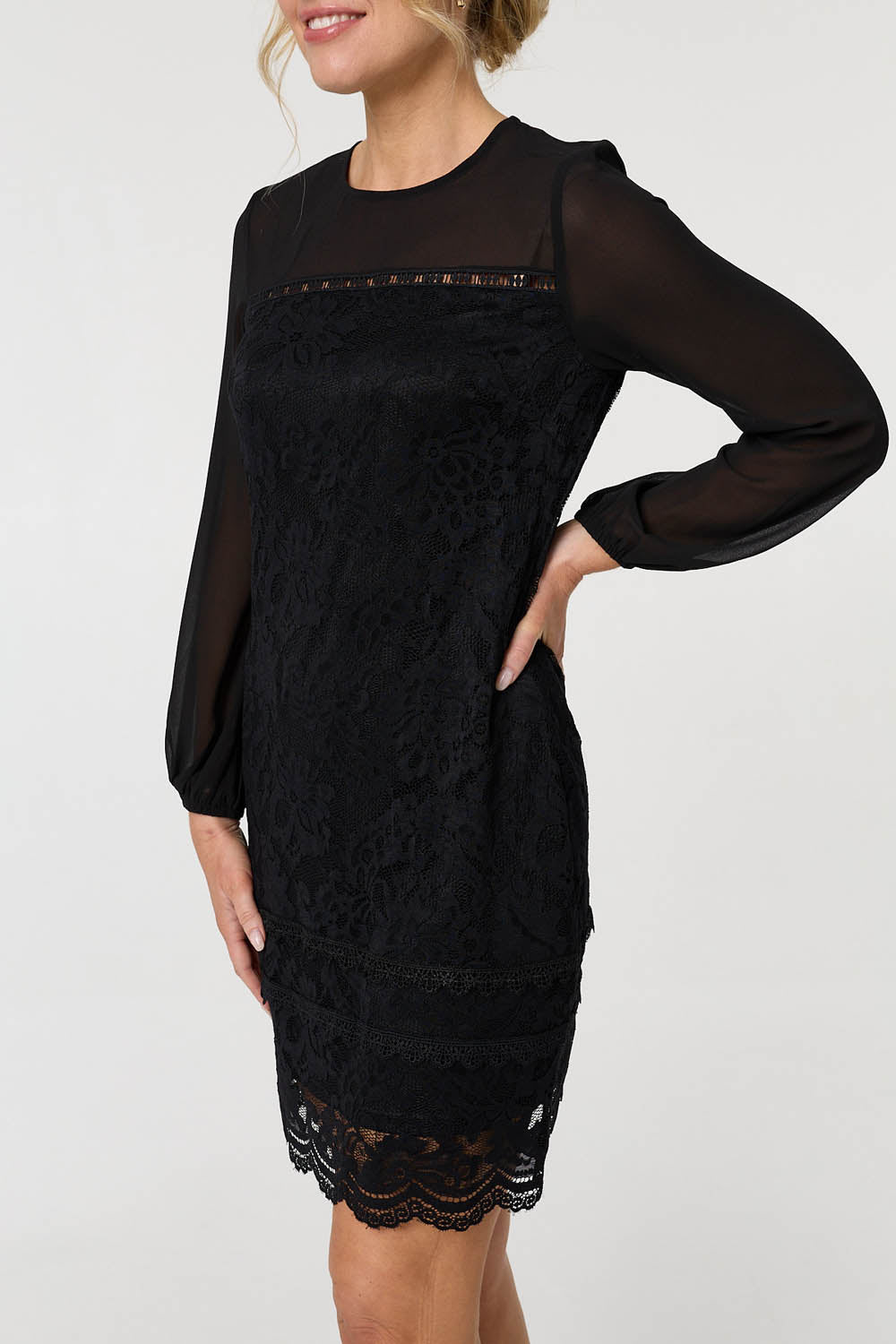 Semi Sheer Lace Trim Short Dress Styled View