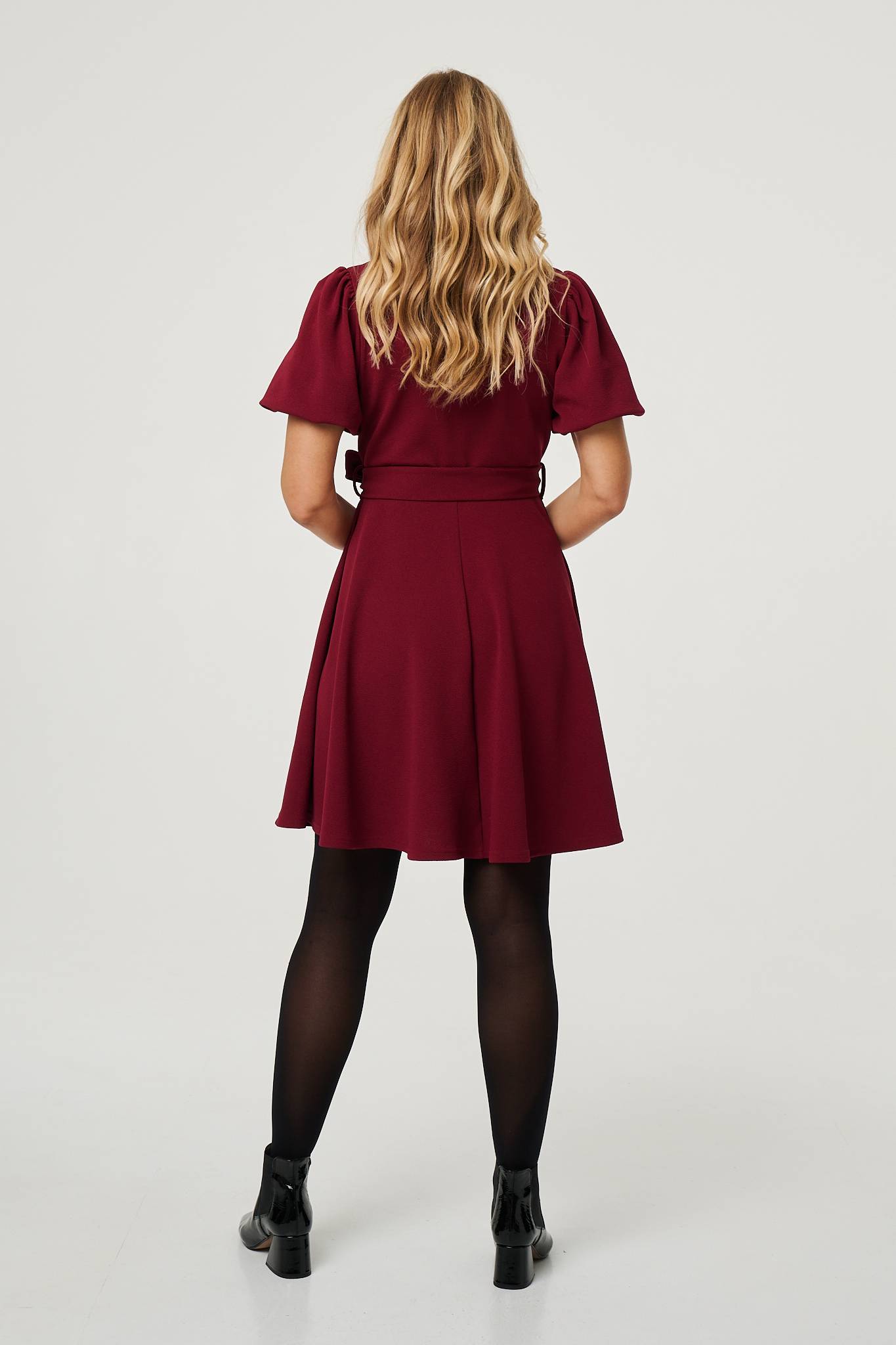 Puff Sleeve Tie Waist Short Skater Dress Side View