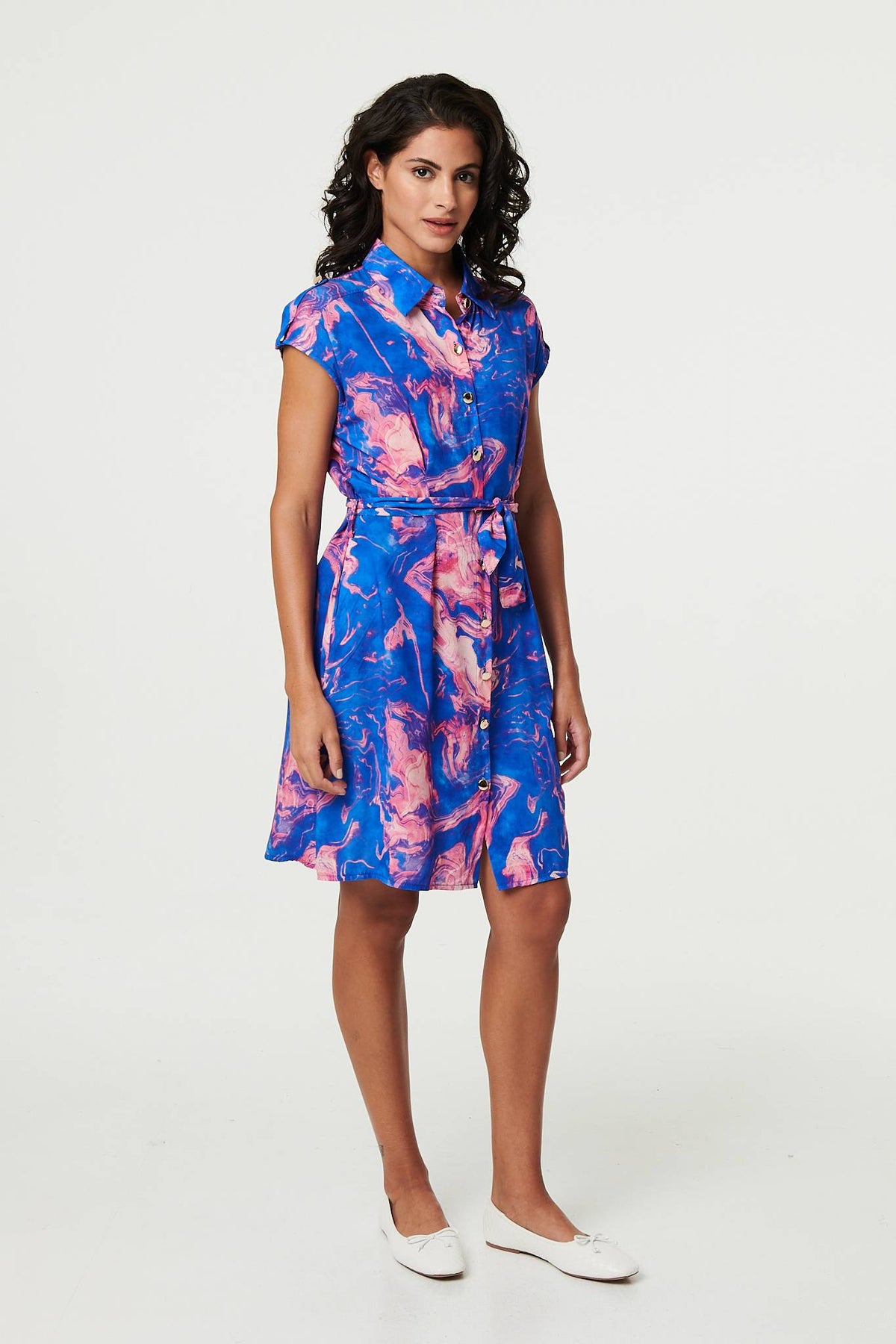 Marble Print Knee Length Shirt Dress Back View