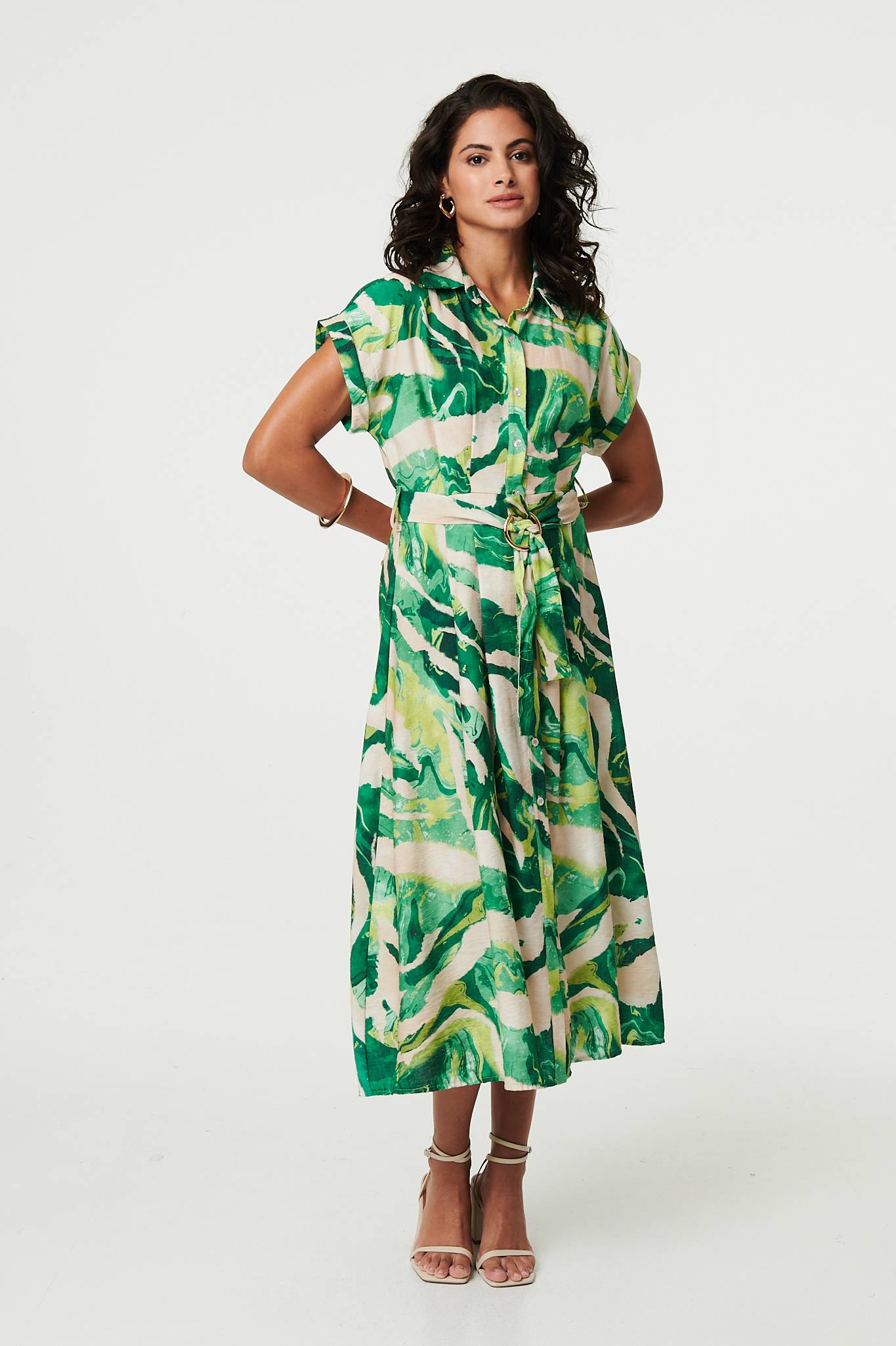 Printed Cap Sleeve Belt Waist Midi Dress Back View 2