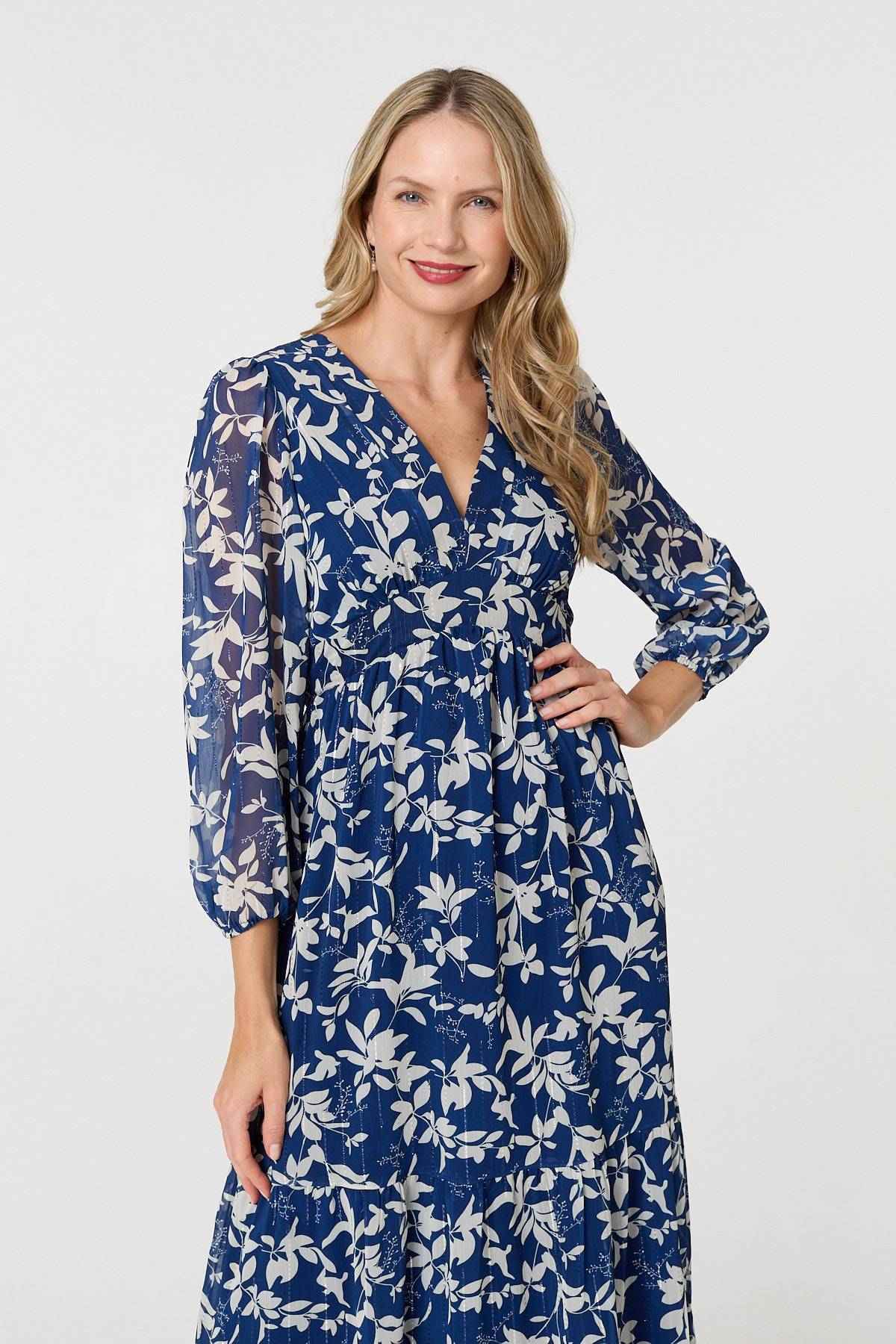Leaf Print Sheer Layer Empire Maxi Dress Back View
