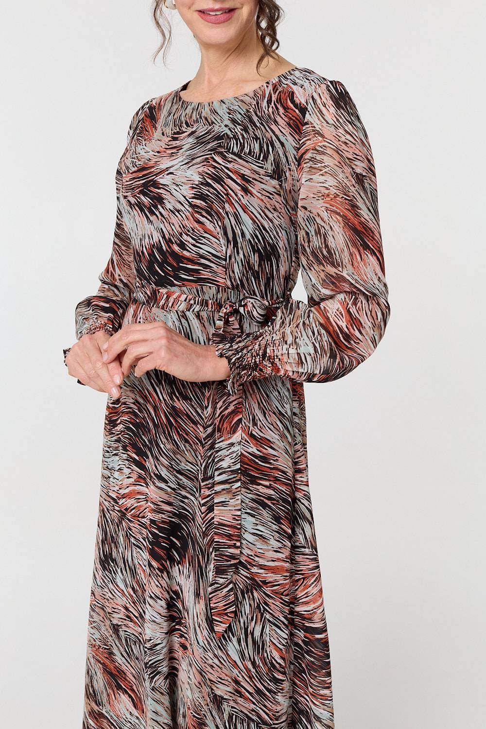 Printed Tie Waist Long Sleeve Maxi Dress Styled View