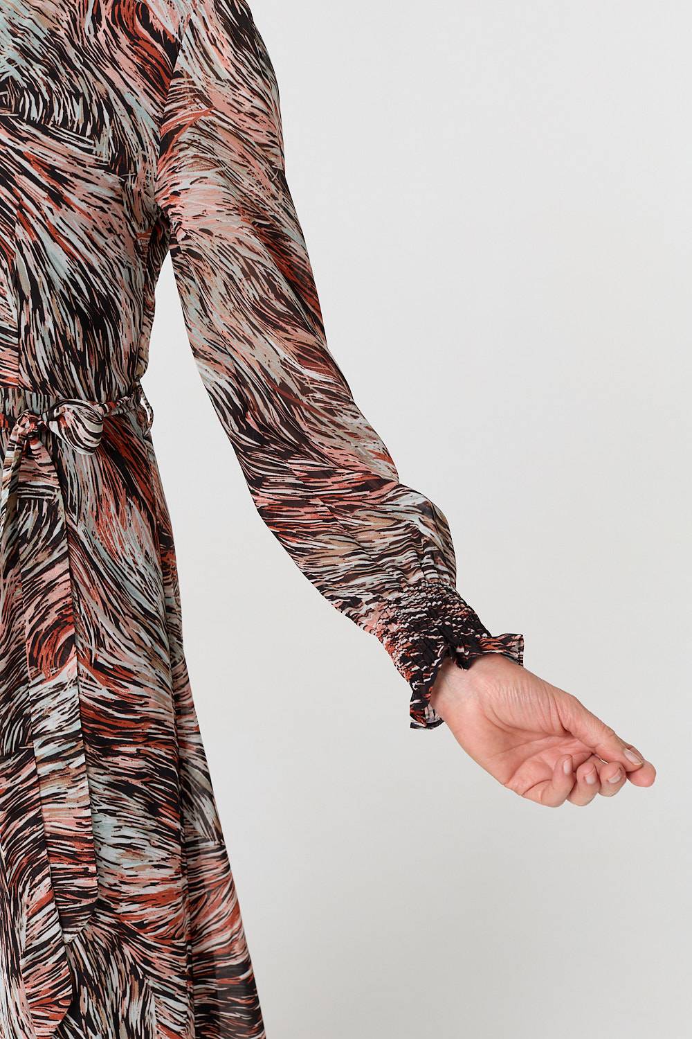 Printed Tie Waist Long Sleeve Maxi Dress Detail View