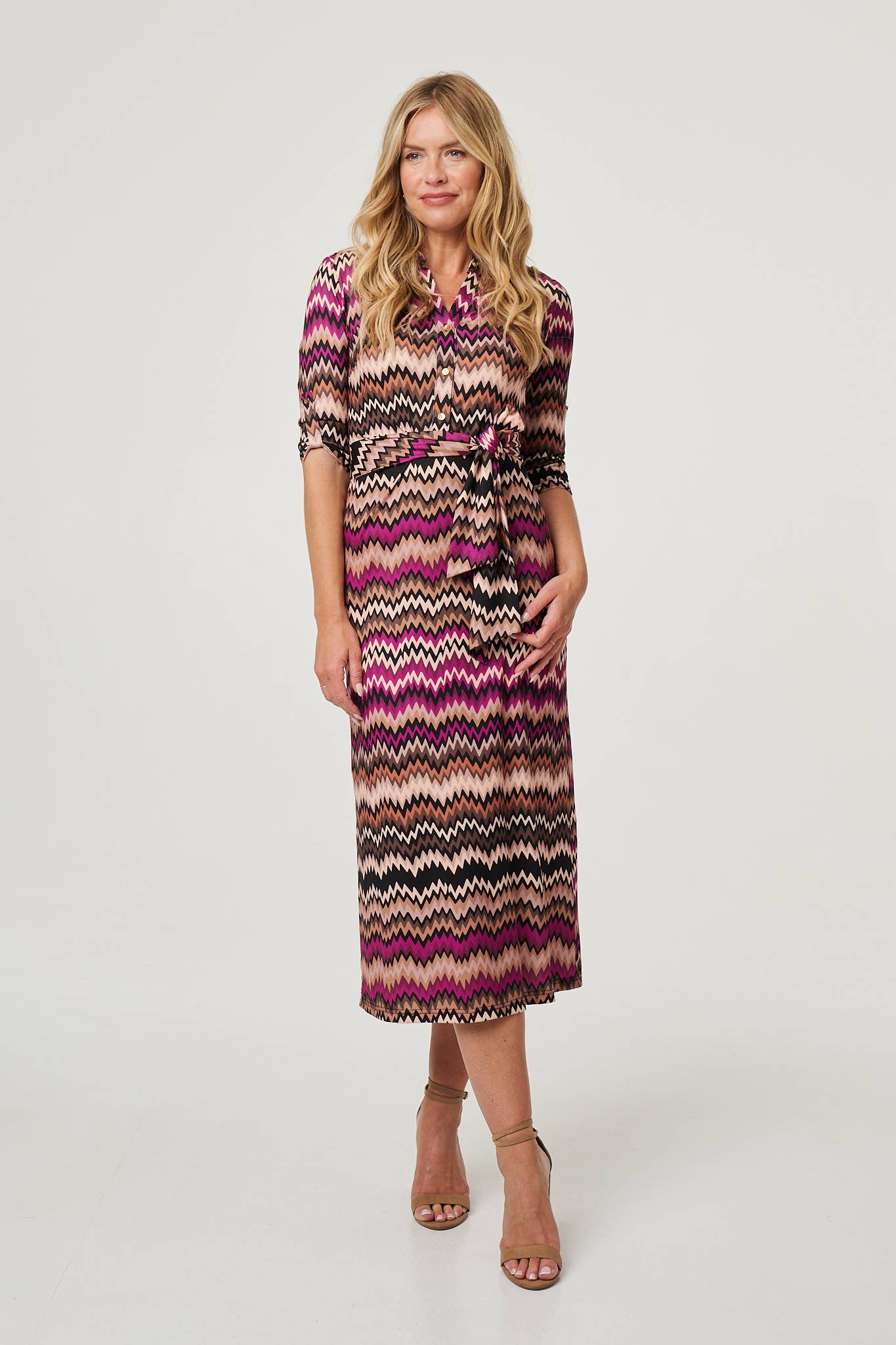 Chevron Print Tie Waist Midi Shirt Dress Detail View