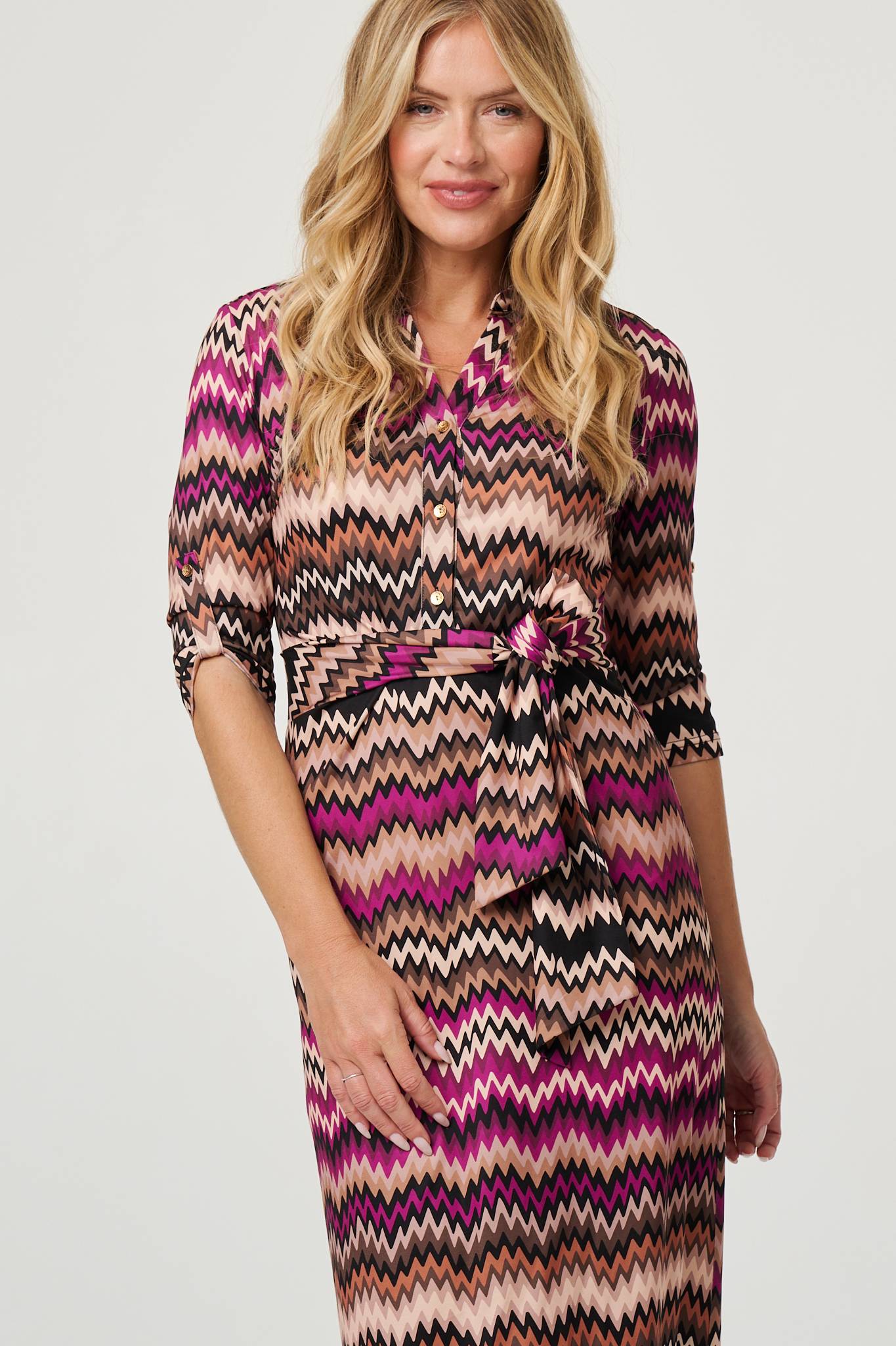 Chevron Print Tie Waist Midi Shirt Dress Front View 2