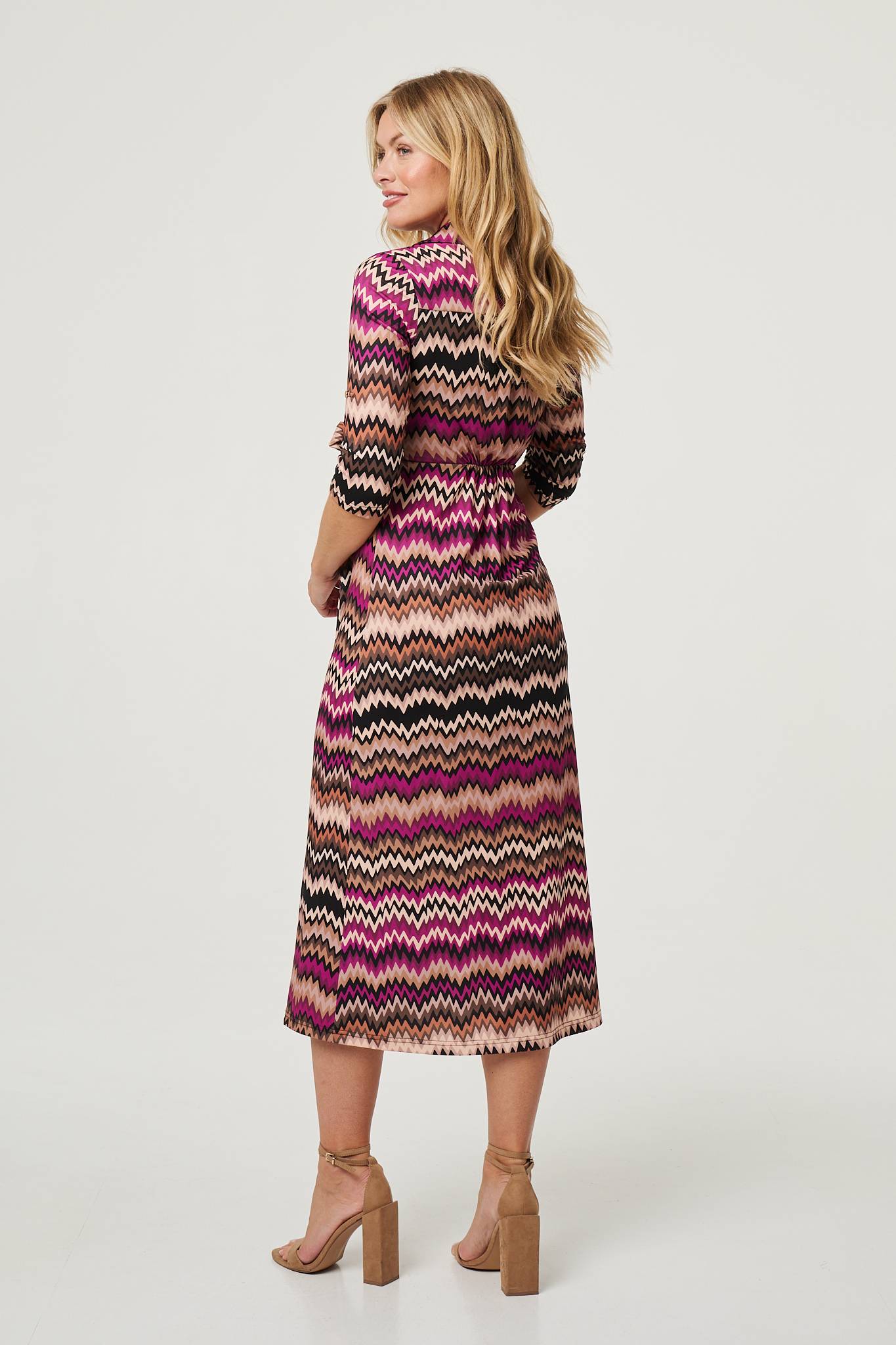 Chevron Print Tie Waist Midi Shirt Dress Full Length View