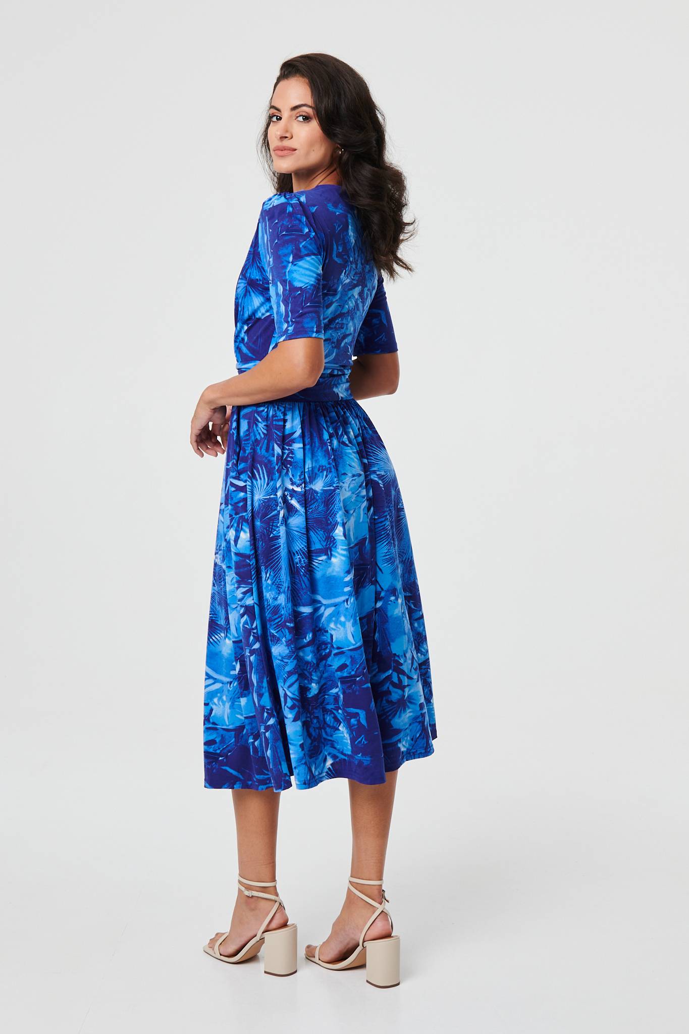 Printed 1/2 Sleeve Wrap Midi Dress Detail View