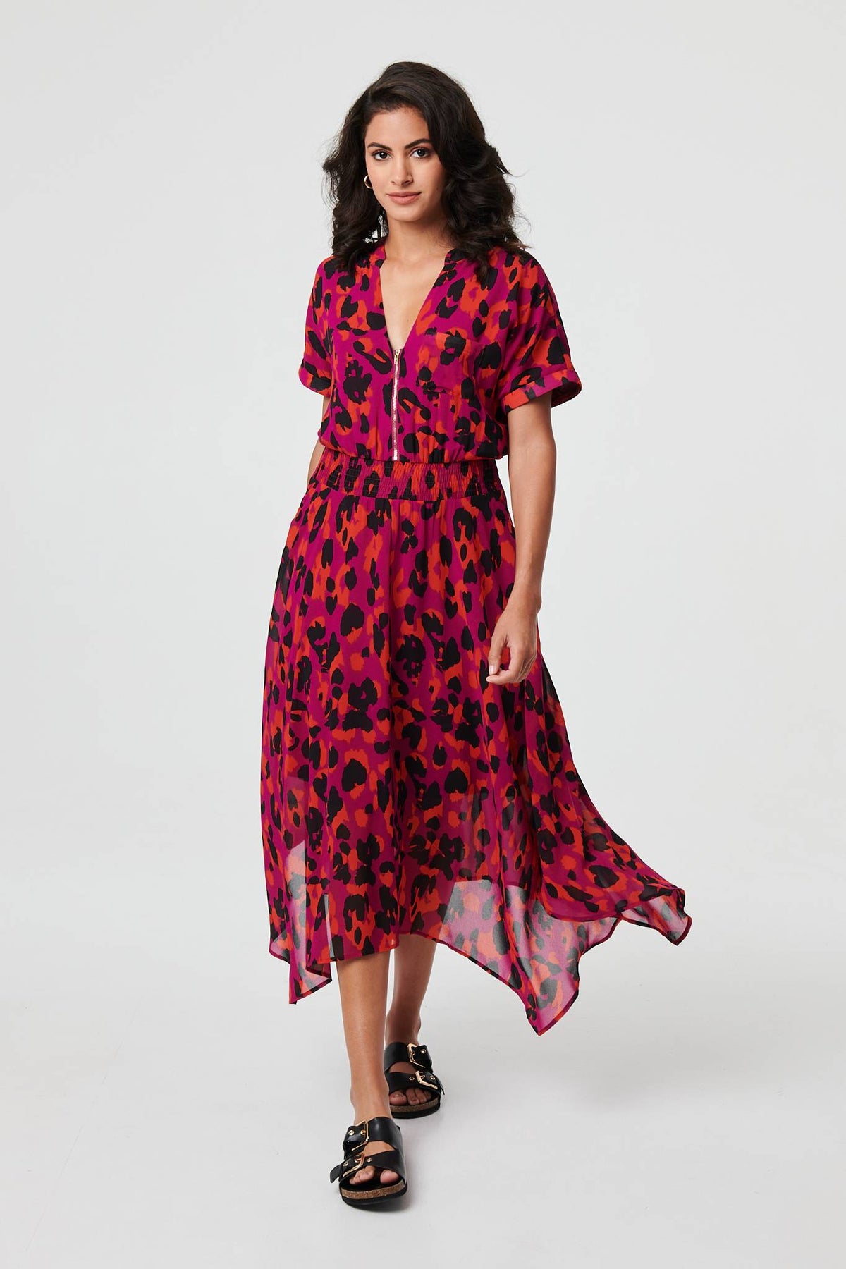 Animal Print Zip Hanky Hem Midi Dress Front View