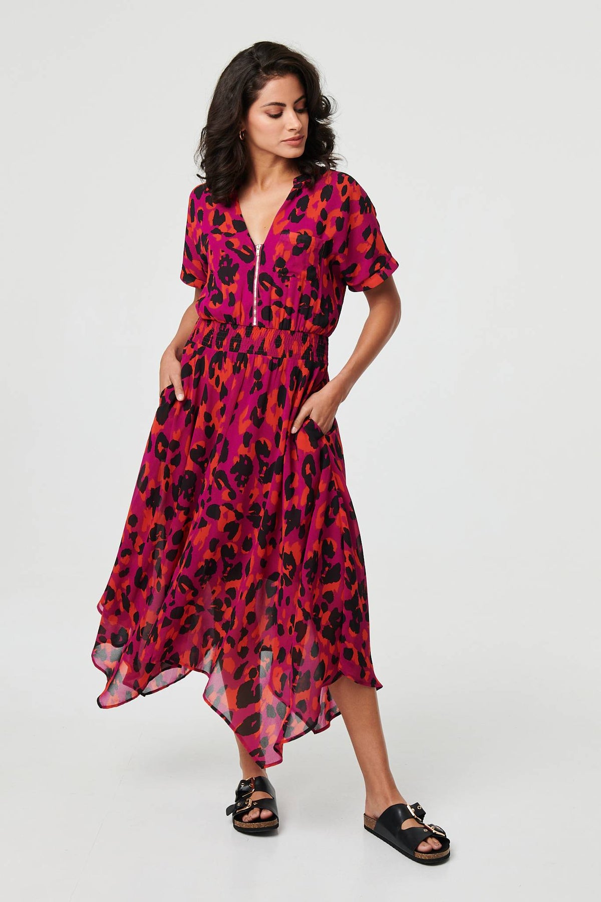 Animal Print Zip Hanky Hem Midi Dress Styled View