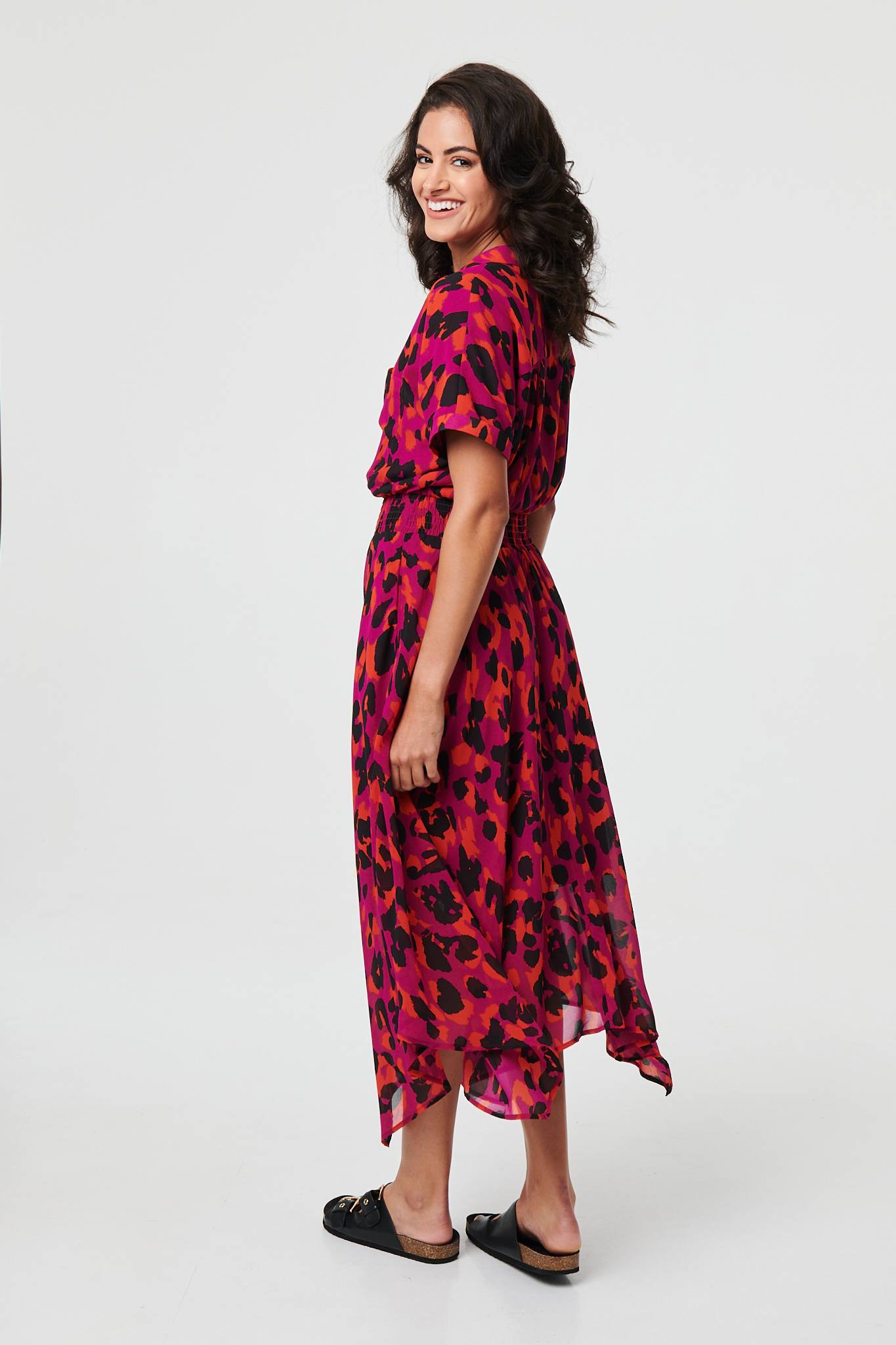 Animal Print Zip Hanky Hem Midi Dress Detail View
