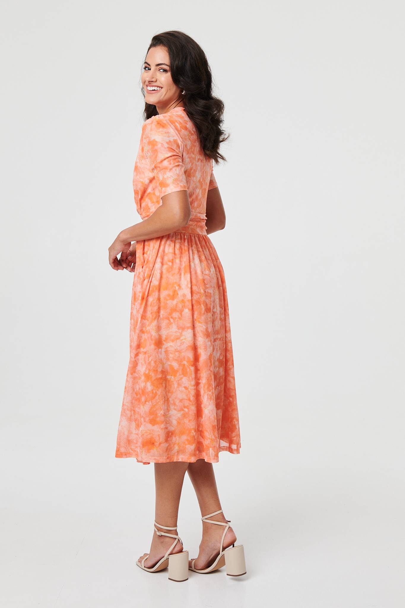 Printed 3/4 Sleeve Ruched Midi Dress Back View