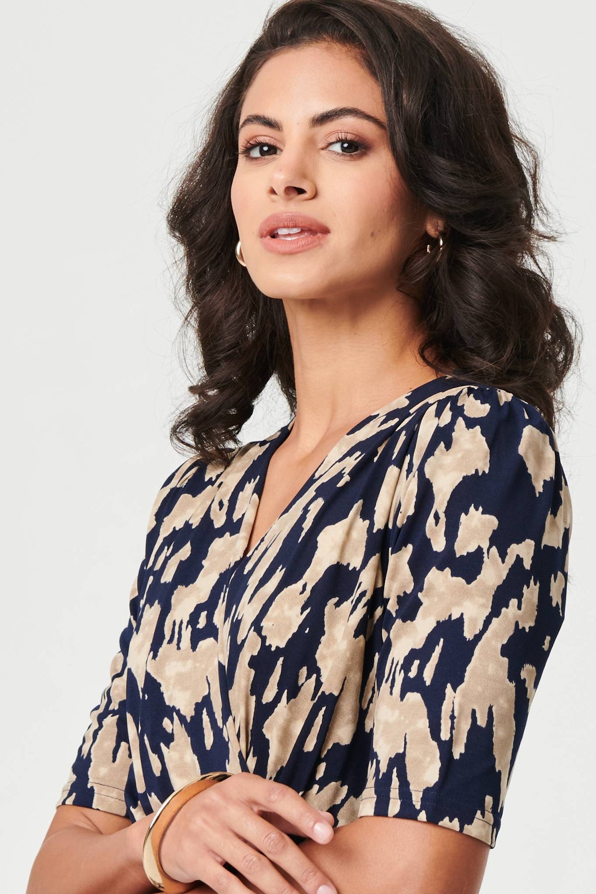Printed Ruched 1/2 Sleeve Midi Dress Styled View
